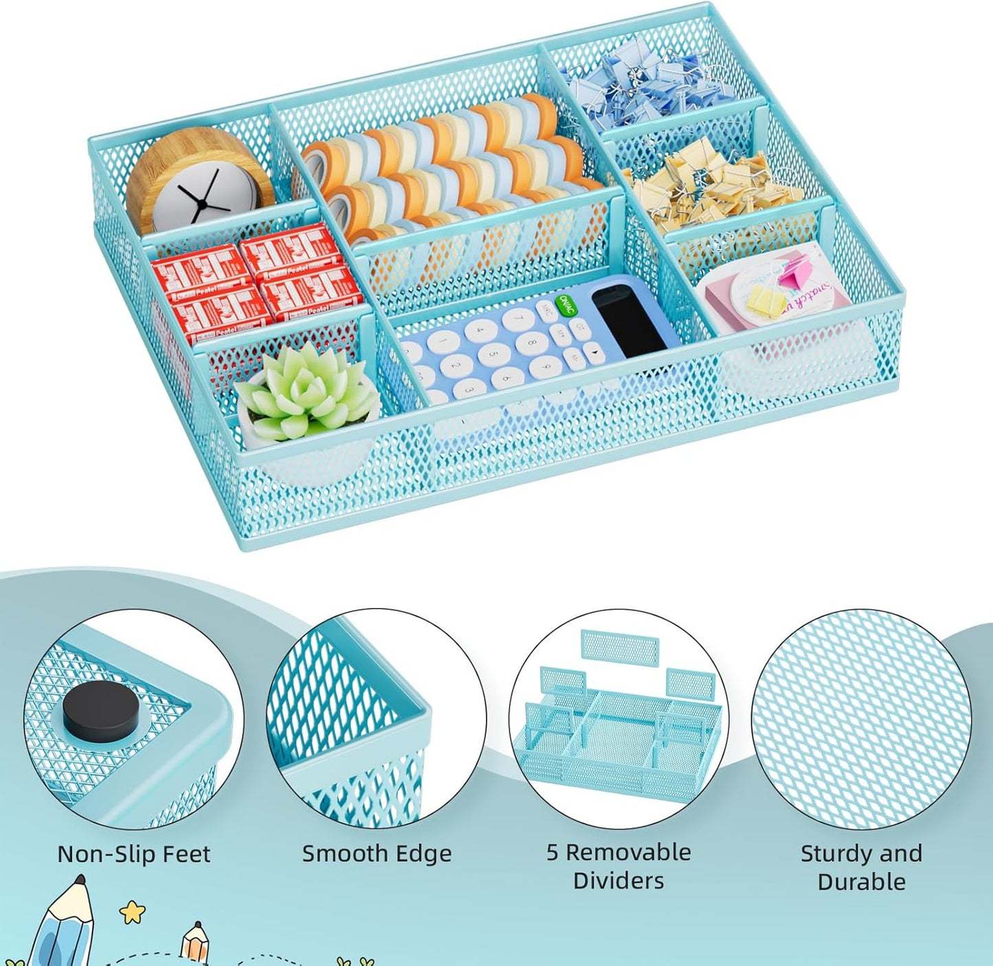 Marbrasse 2 Pack Desk Drawer Organizer, Mesh Drawer Organizer Tray with 8 Adjustable Compartments