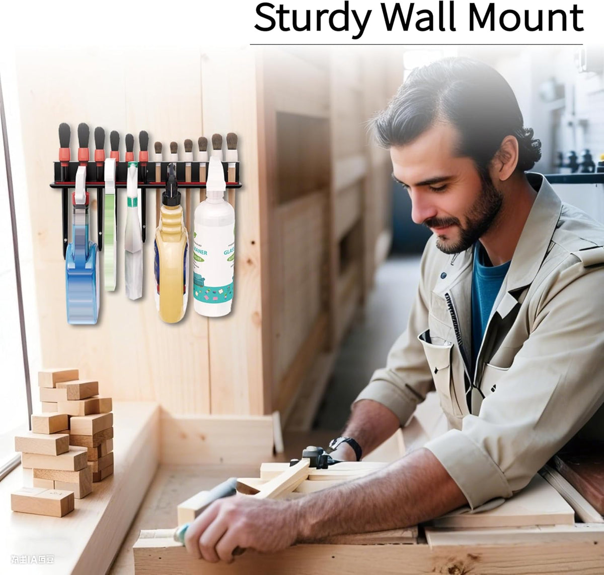 Wall Mount Brush & Spray Bottle Holder Combo Rack for Garage, Detailing Organizer with Mounting