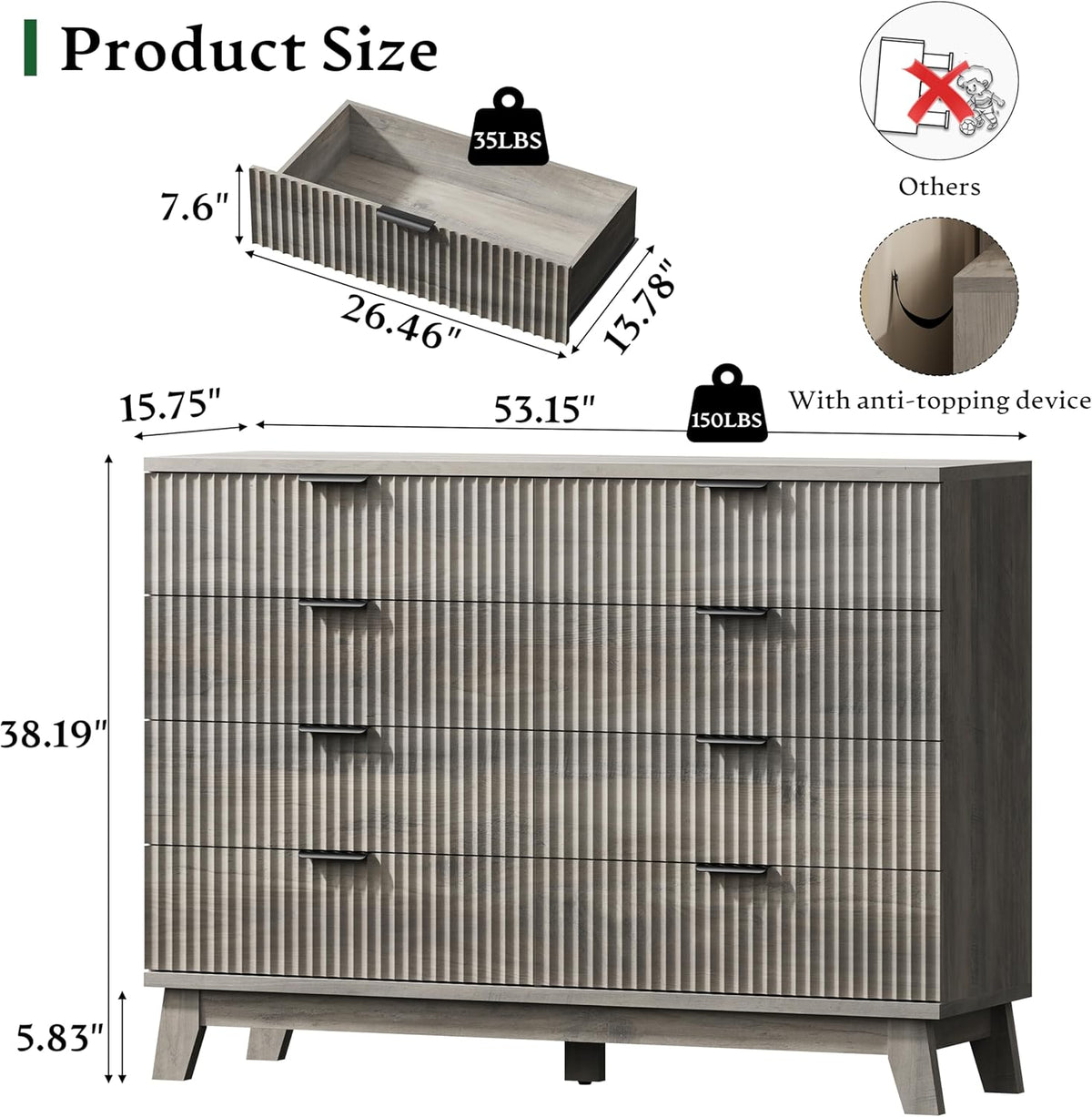 Fluted Dresser with 8 Drawers, 54" Wide Wood Chest of Drawers with Metal Handle, Wooden Dresser TV