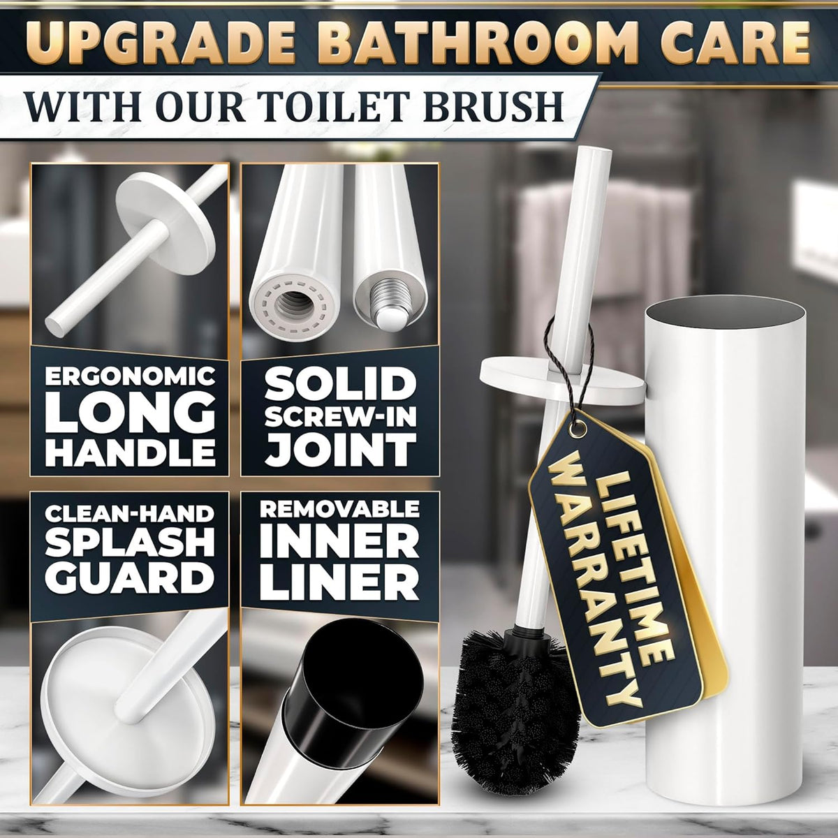 Stainless Steel Toilet Brush and Holder Set White - Long Handle Toilet Bowl Cleaner Brush and