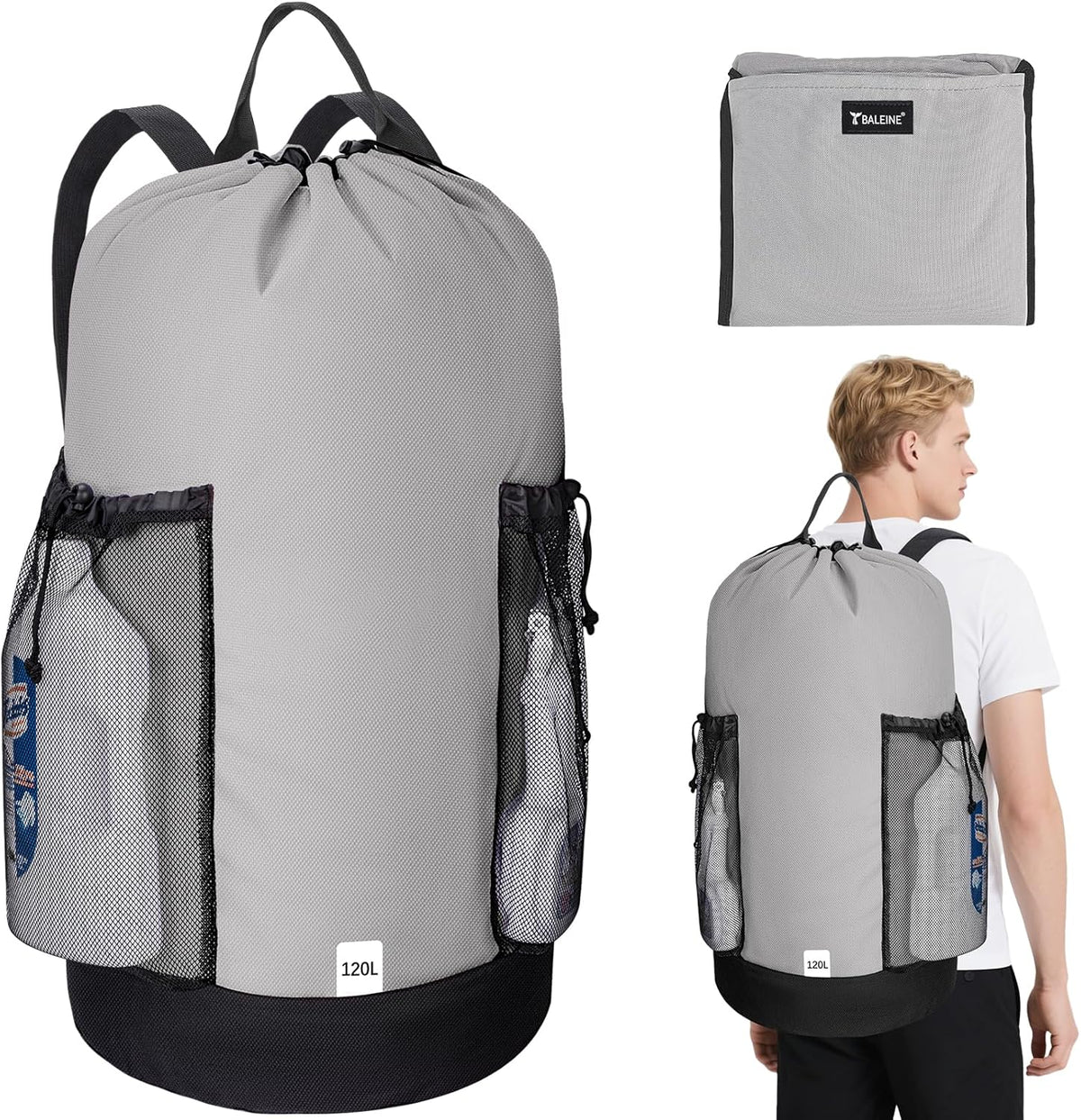 BALEINE 120L Laundry Bag Backpack, 900D Oxford Fabric Large Travel Laundry Bags with Shoulder