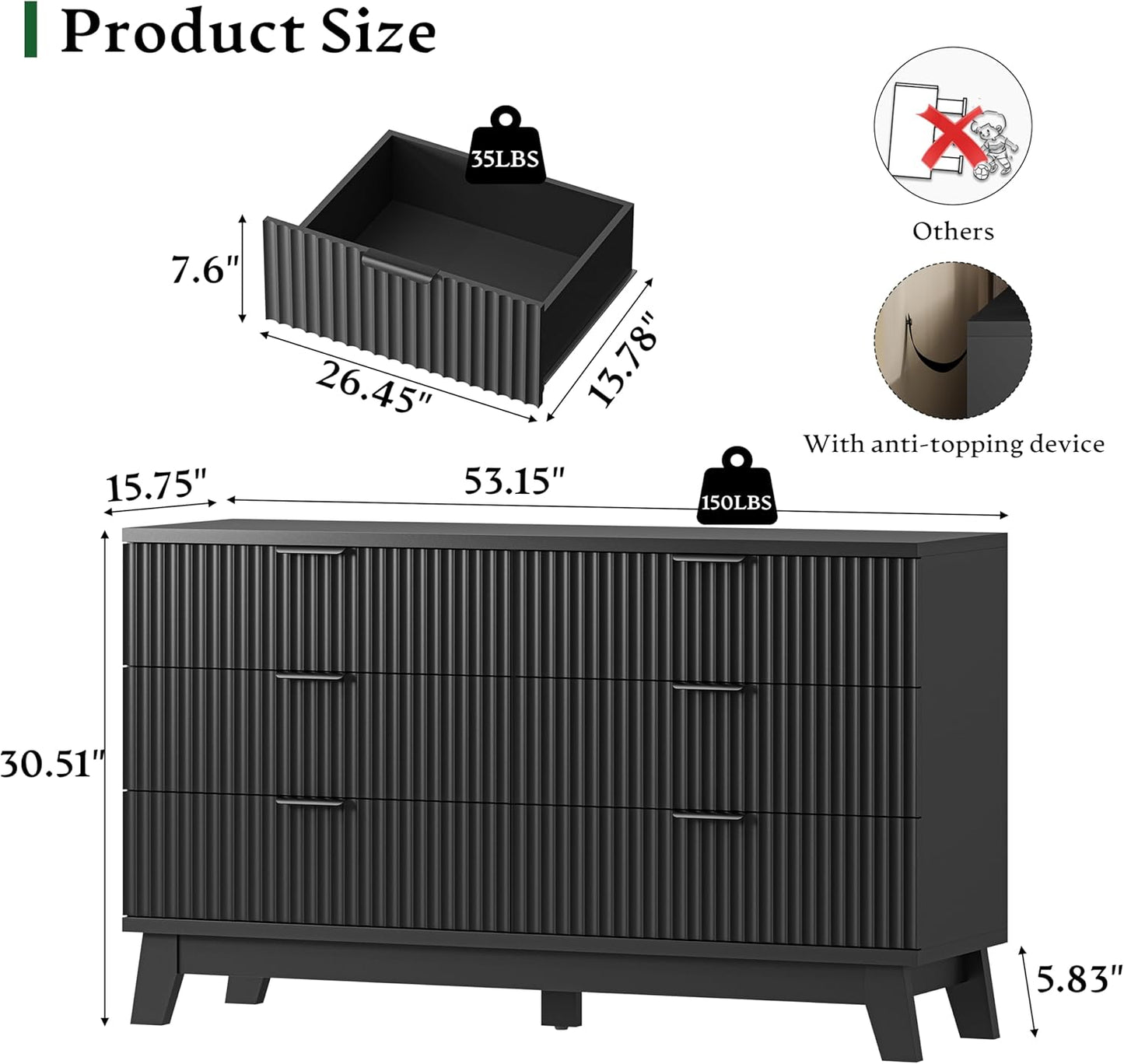 Fluted Dresser with 6 Drawers, 54" Wide Modern Chest of Drawers with Metal Handle, Wooden Dresser