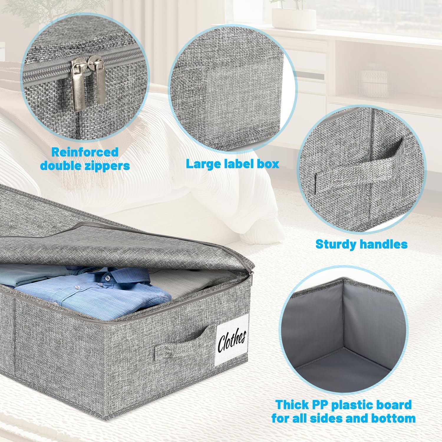 Under Bed Storage Container Bins 2 Pack, Low Profile Foldable Underbed Clothes Storage Organizer W/