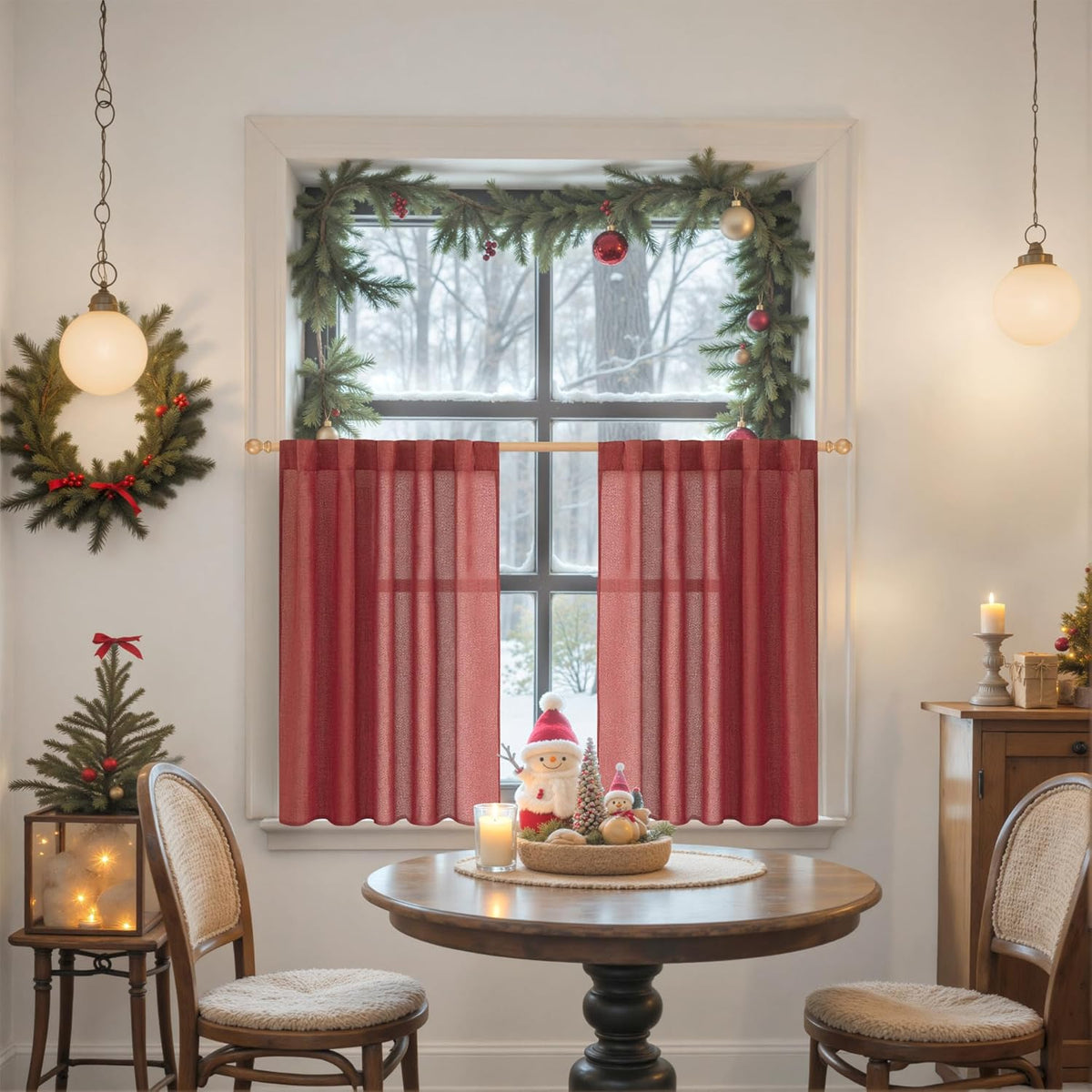 YoungsTex Red Linen Curtains 40 Inch Long for Kitchen, Small Semi Sheer Drapes with Rod Pocket Back