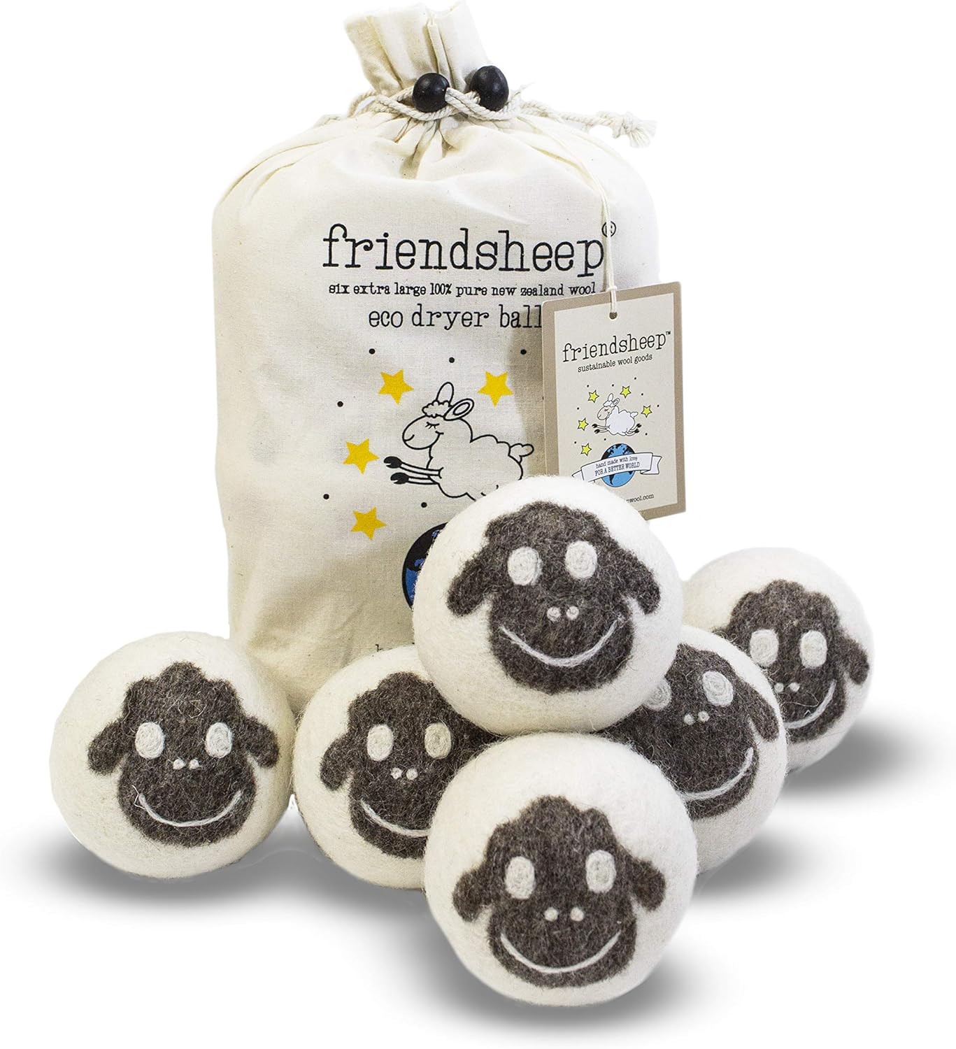 Wool Dryer Balls by Friendsheep 6 Pack XL Organic Premium Reusable Cruelty Free Handmade Fair Trade