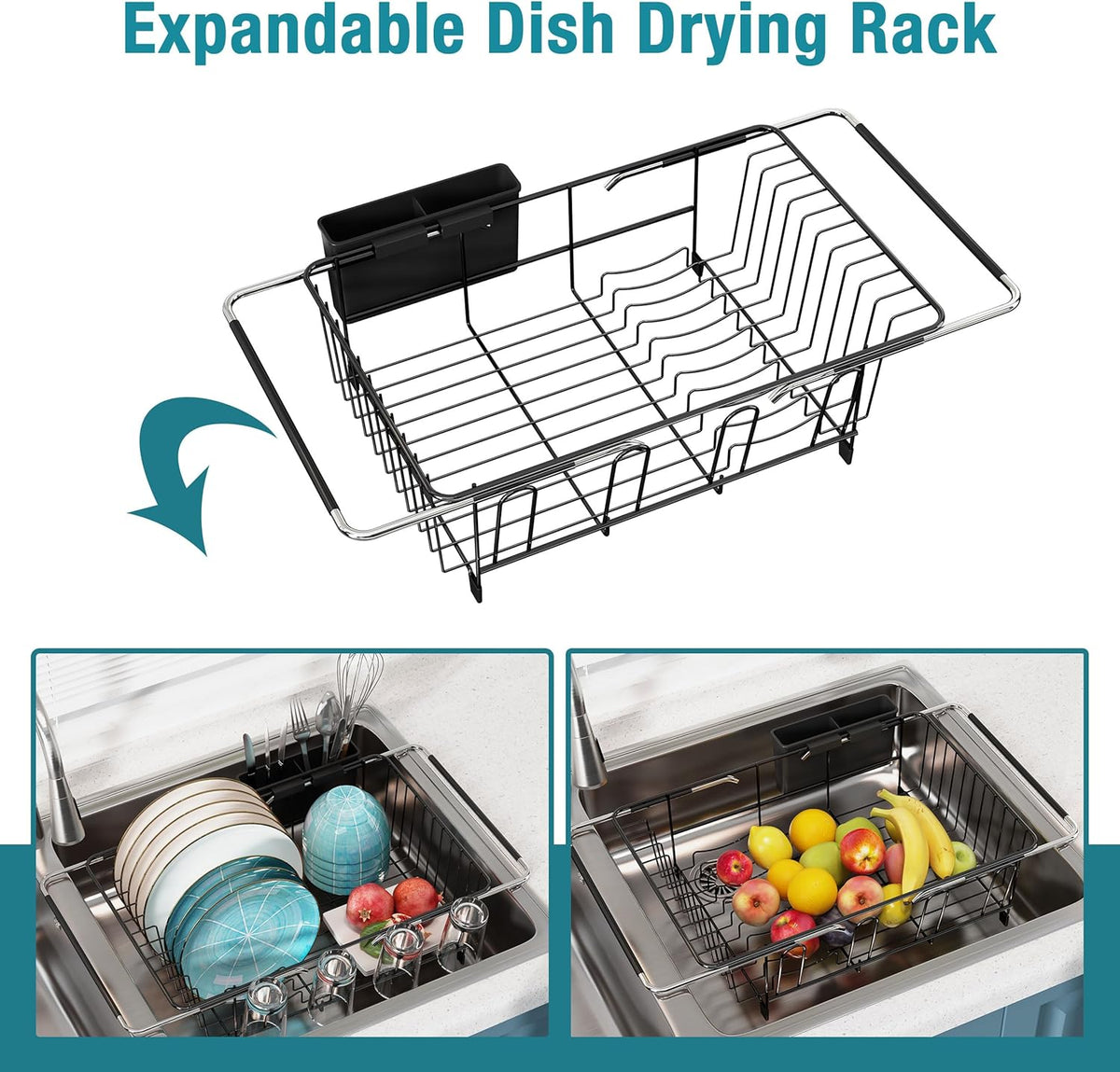 JASIWAY Dish Drying Rack in Sink, Over The Sink Colander Strainer Basket, Stainless Steel Strainer