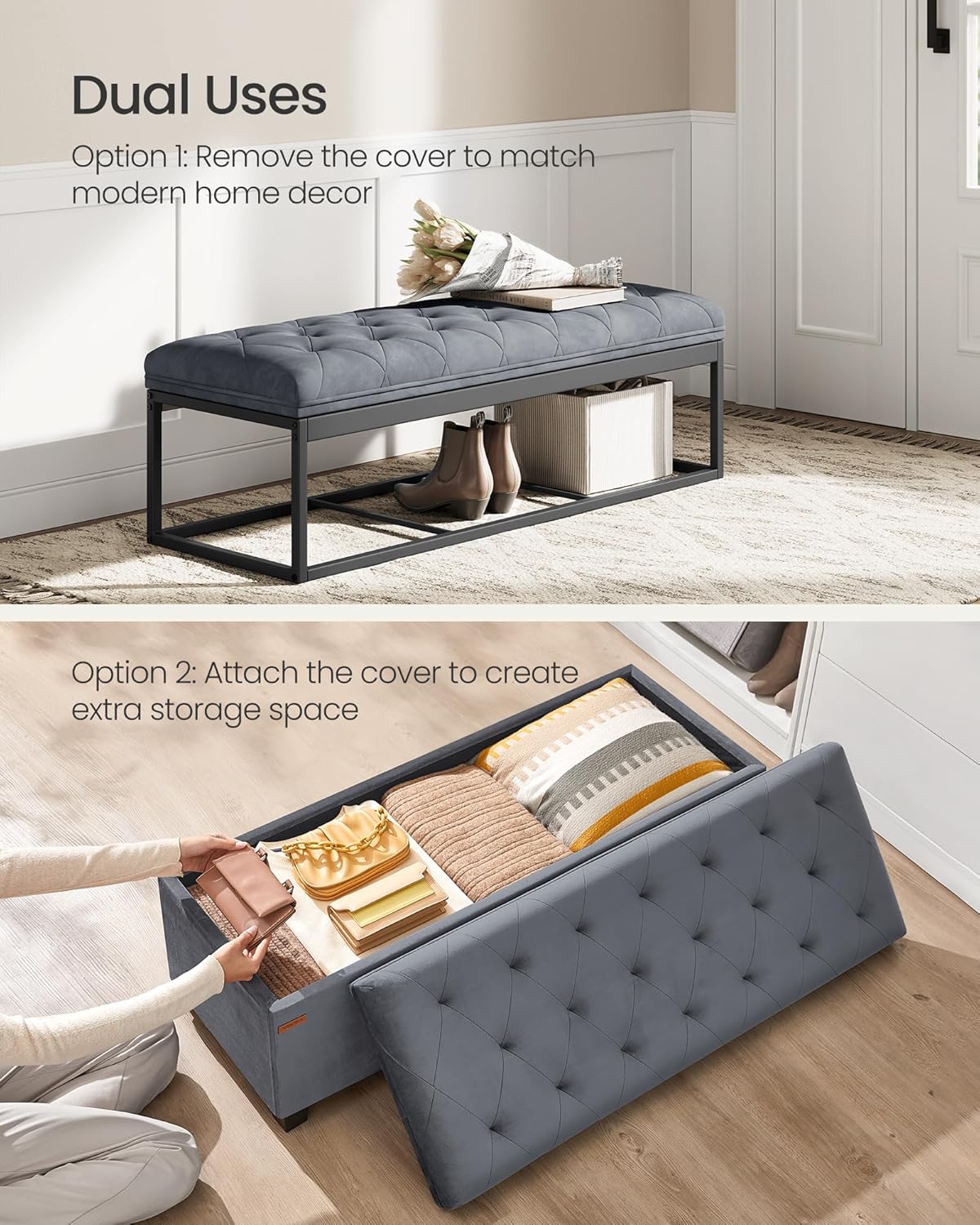 SONGMICS Velvet Storage Ottoman Bench, Foot Rest with Legs, 15.7 x 43 x 15.7 Inches, End of Bed