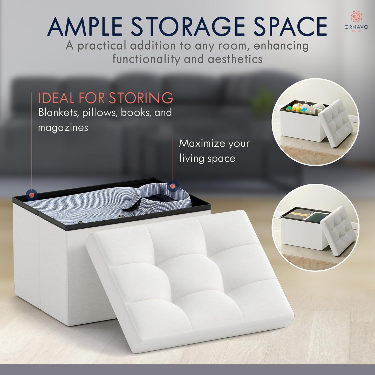 Ornavo Home Small Storage Ottoman Foldable Collapsible Rectangle Linen Ottoman Foot Rest Stool