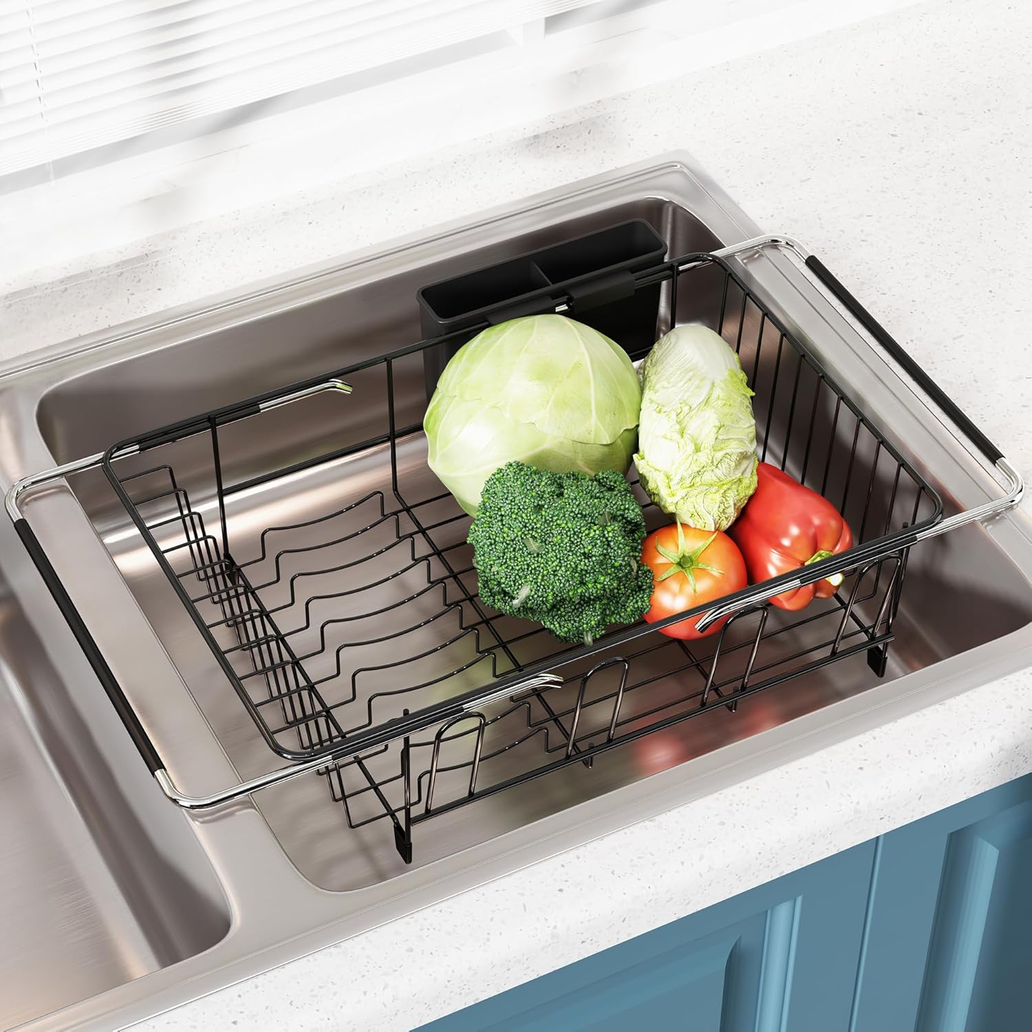 JASIWAY Dish Drying Rack in Sink, Over The Sink Colander Strainer Basket, Stainless Steel Strainer