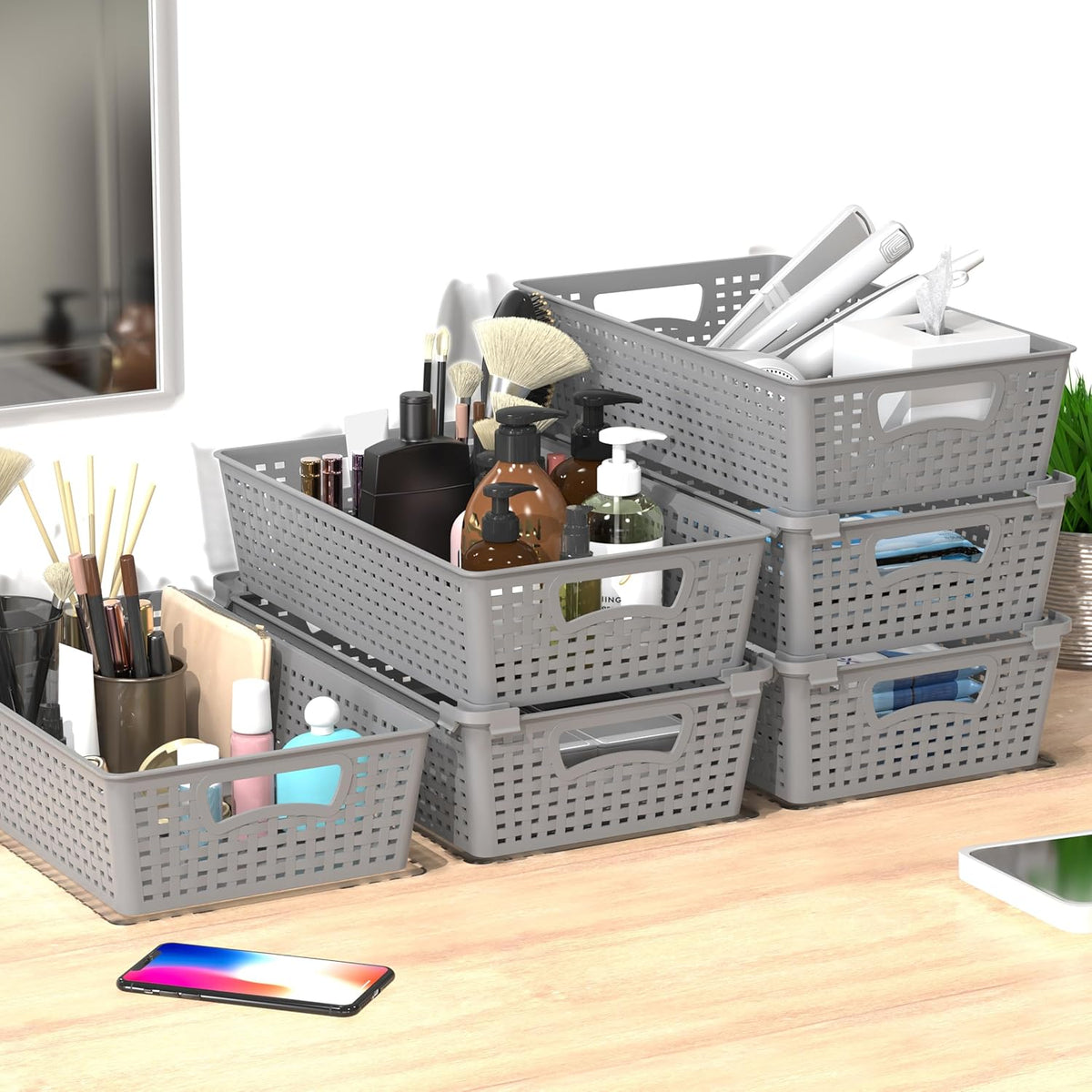 Simple Houseware Stackable Plastic Woven Basket Organizer, 6 Pack, 14.5" x 8.5" x 3.5", Gray