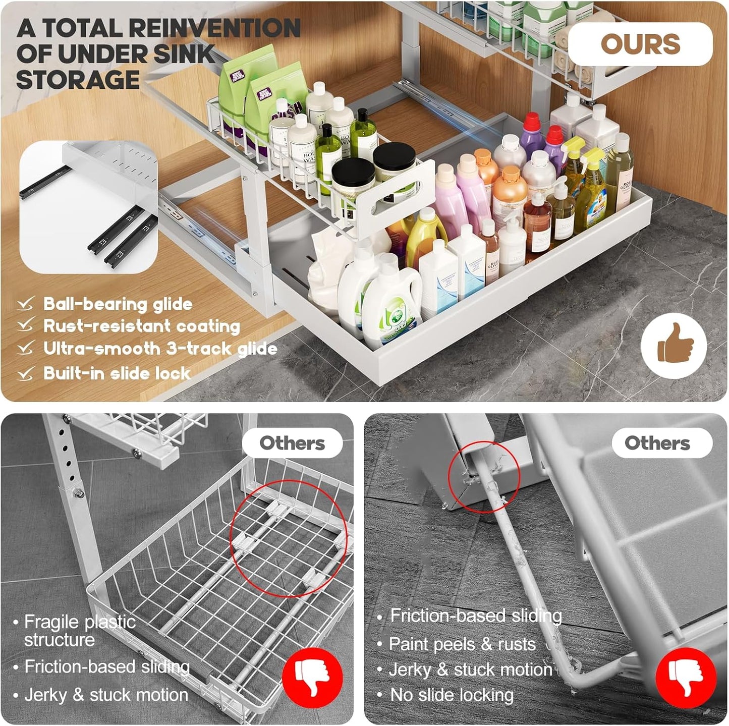 1 Pack Expandable Under Sink Organizers Storage With Upgrade Ball-Bearing Slide Tracks,2-Tier Pull