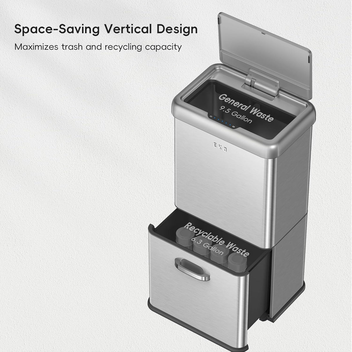 EKO Vintage 50L / 13.2 Gallon Motion Sensor Trash Can, Dual Compartment 32L + 18L Stainless Steel