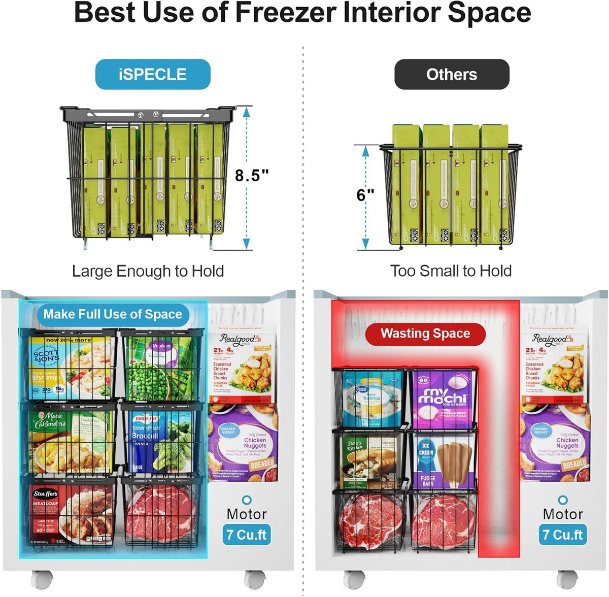 iSPECLE Freezer Organizer Bins - 6 Pack Adjustable & Extra Large Chest Freezer Organizer Bins for 5