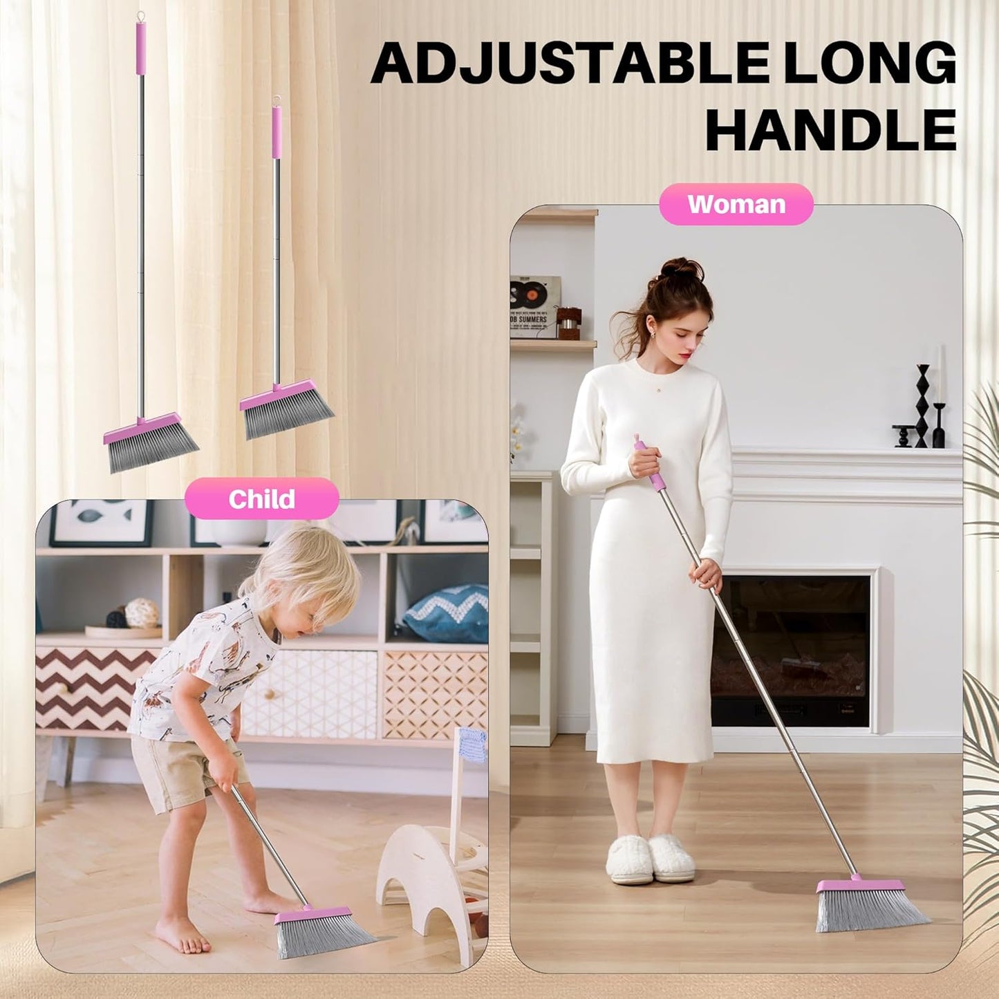 JOYMOOP Pink Broom and Dustpan Set, Upright Angle with Built-in Comb Teeth for Kitchen, Lobby, Pet