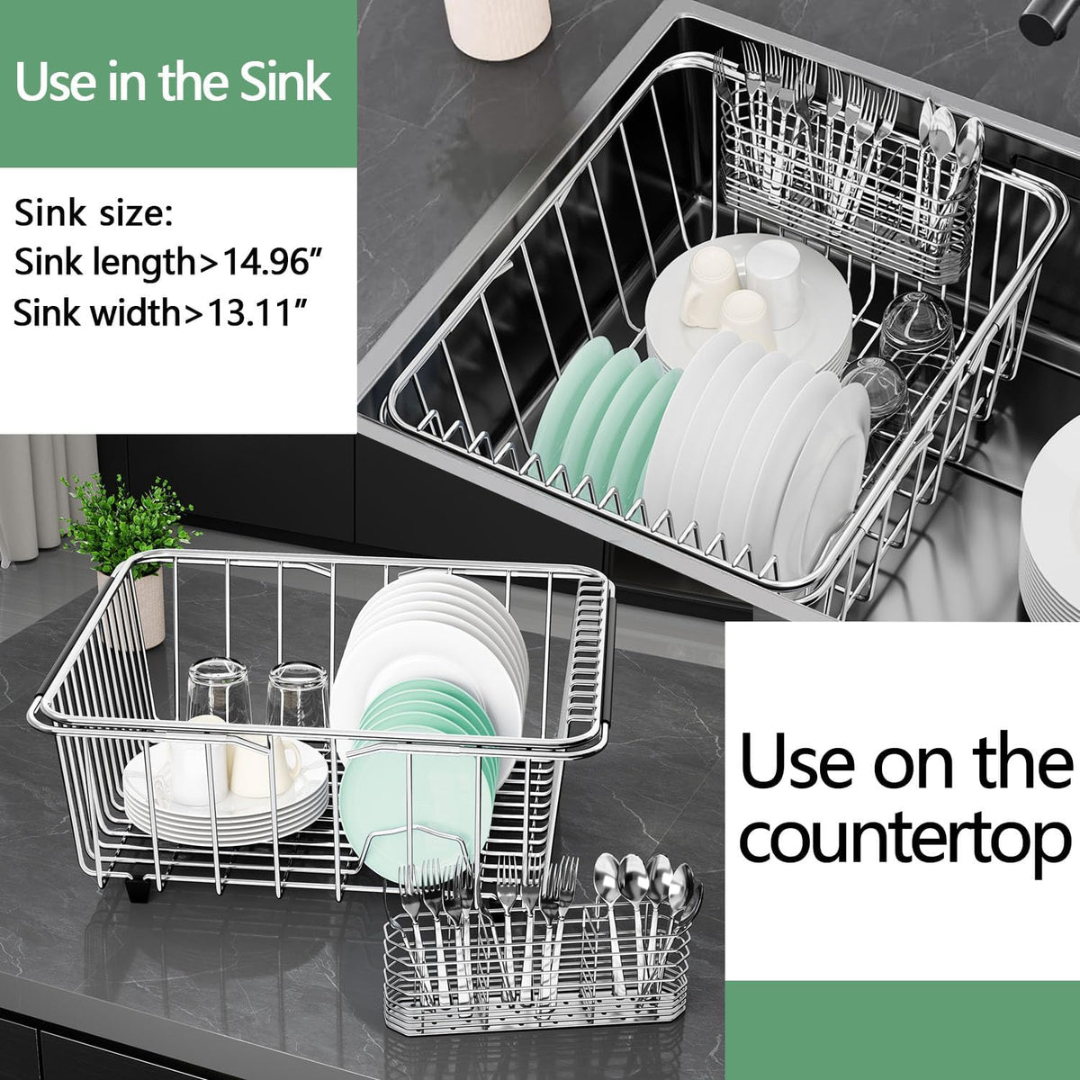 Large Sink Dish Drying Rack, Expandable 304 Stainless Steel Metal Dish Drainer Rack Organizer