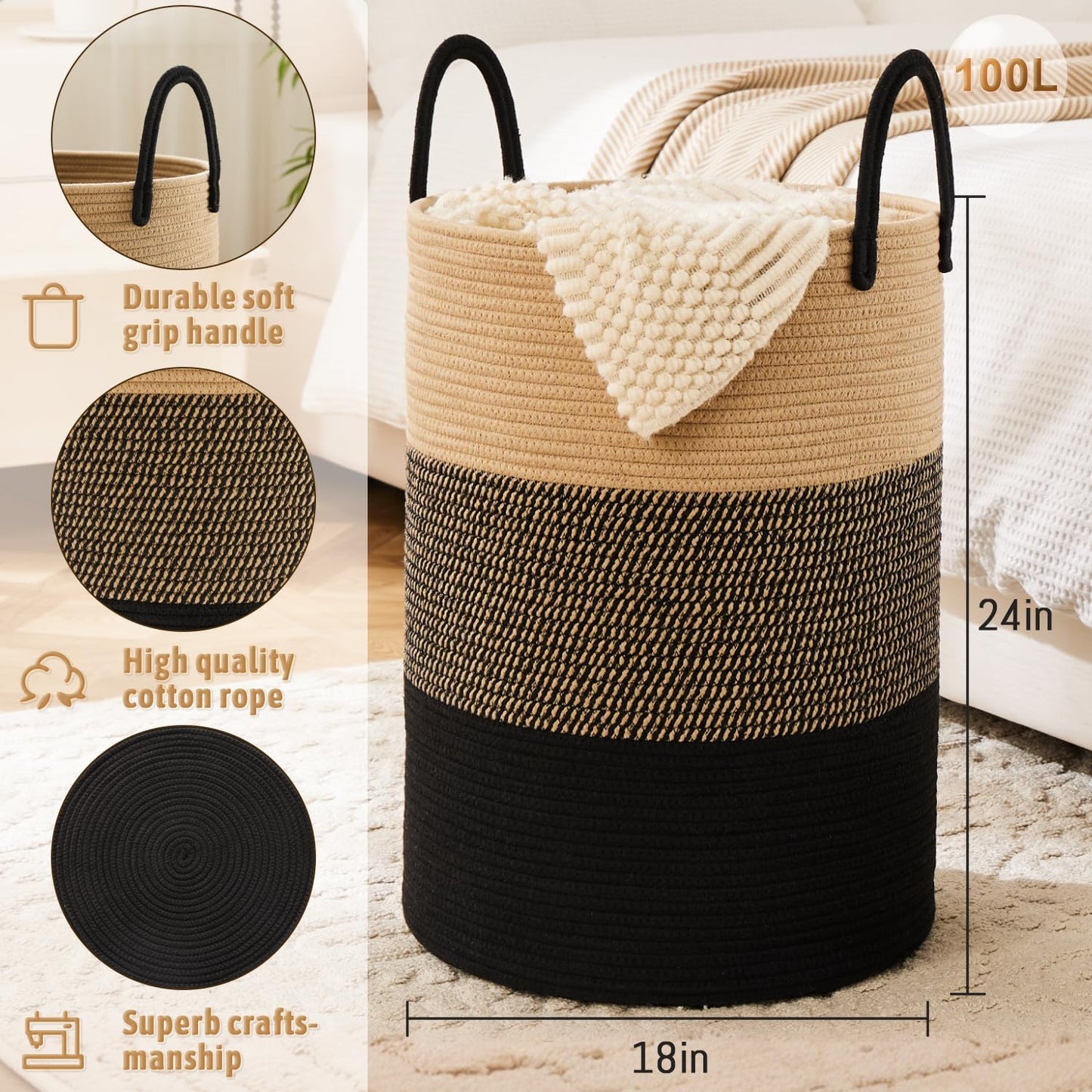 Laundry Basket,Woven Cotton Rope Laundry Hamper,100L for Decorative Storage of Dirty Clothes,Toys
