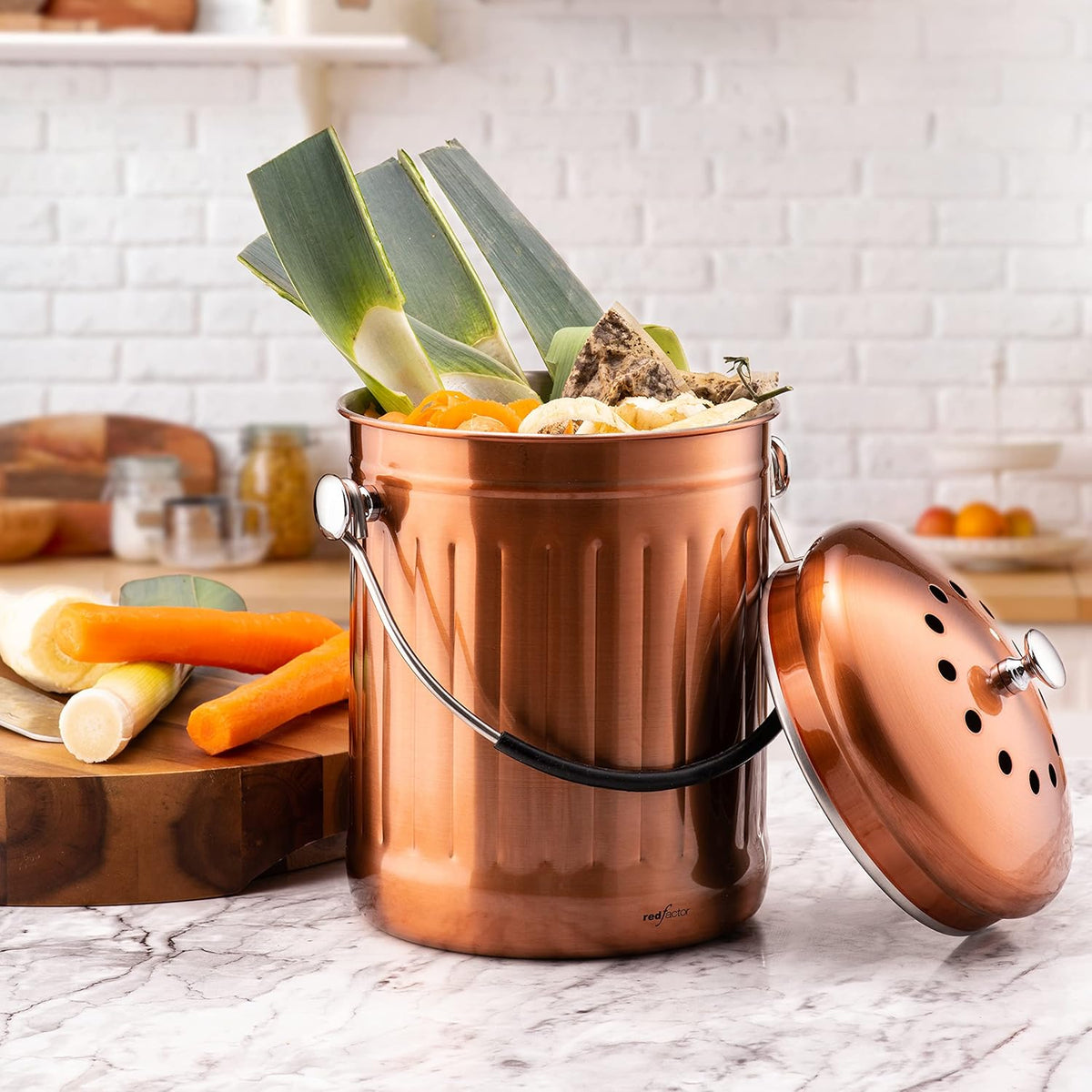RED FACTOR Premium Compost Bin for Kitchen Countertop - Stainless Steel Food Waste Bucket with