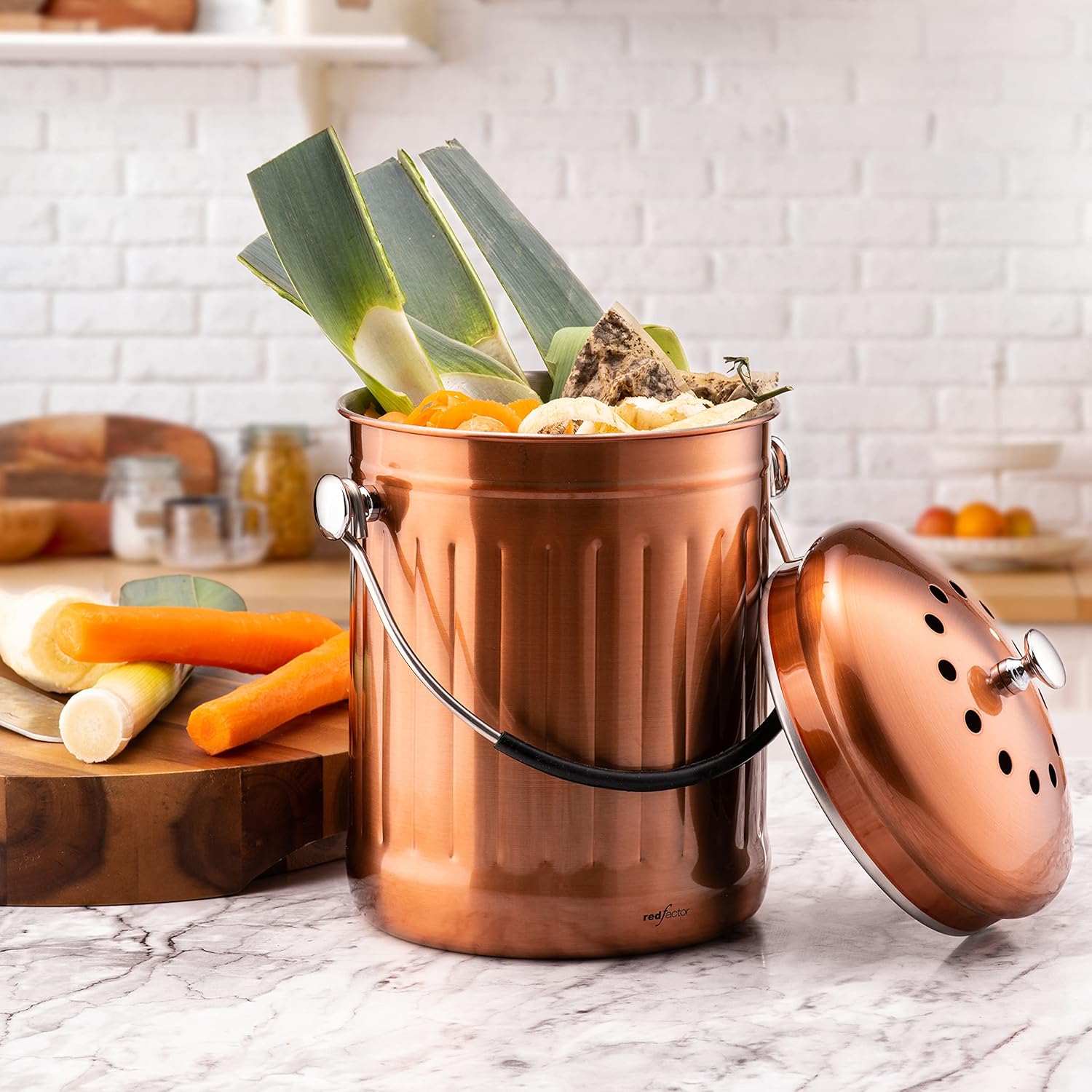 RED FACTOR Premium Compost Bin for Kitchen Countertop - Stainless Steel Food Waste Bucket with
