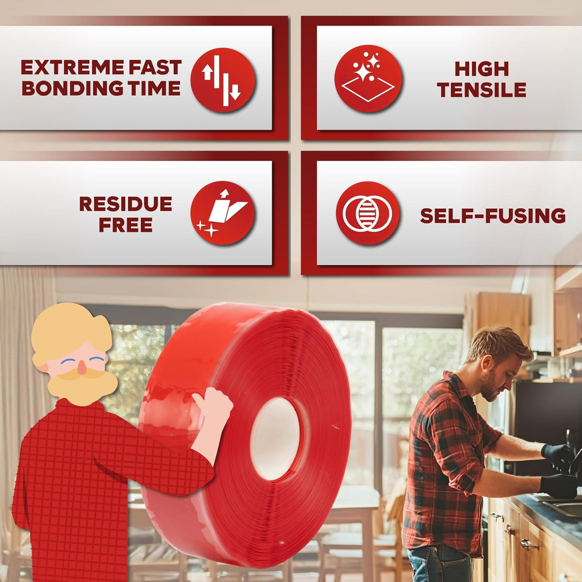 XFasten Self Fusing Silicone Tape Waterproof – 1" x 36 Feet Red, Self Amalgamating Tape, Silicone
