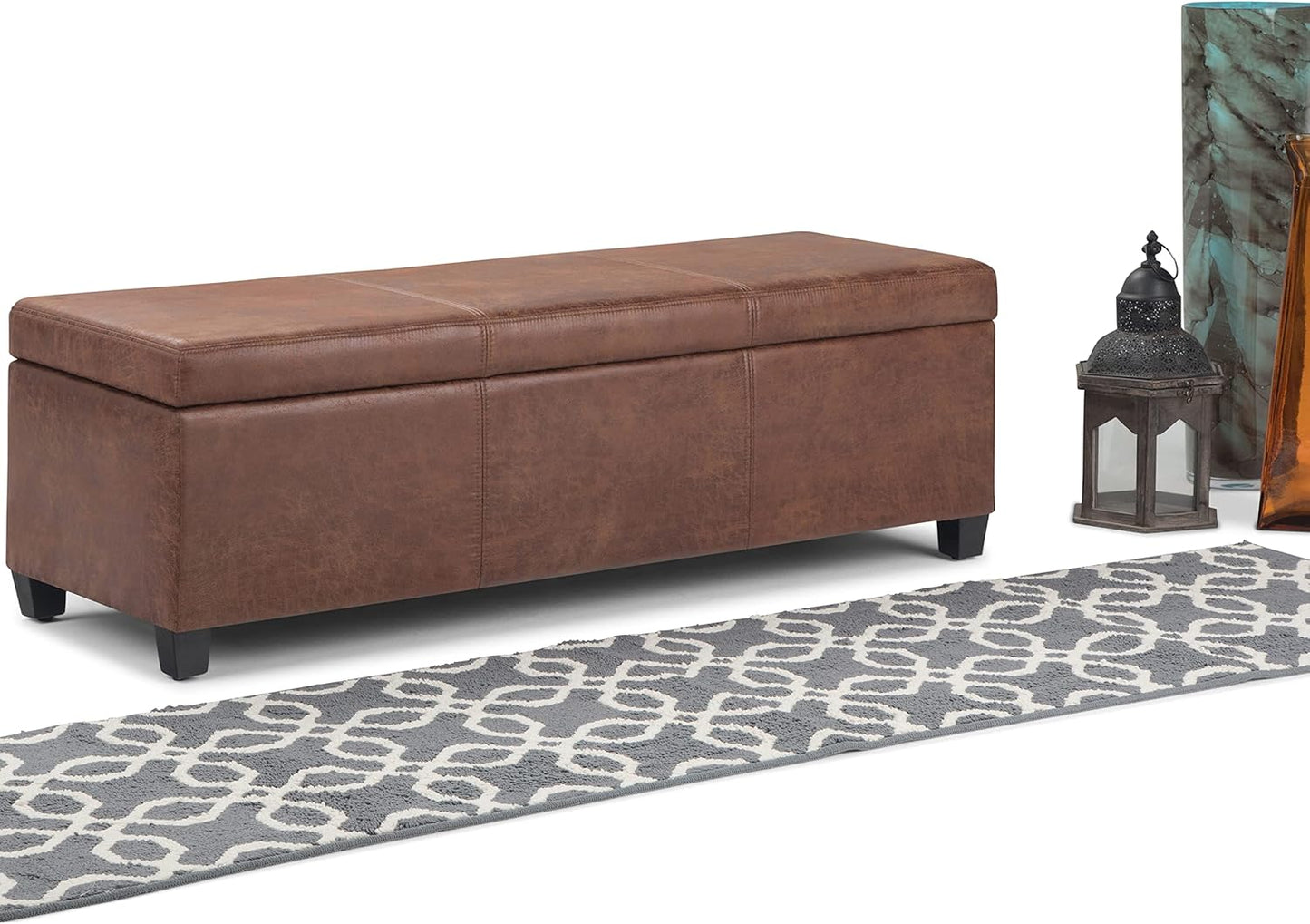 SIMPLIHOME Avalon 48 inch Wide Contemporary Rectangle Storage Ottoman Bench in Distressed Umber