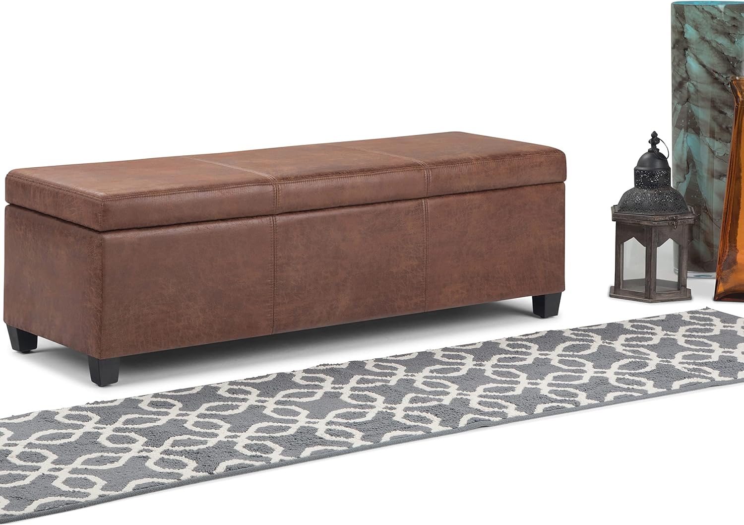 SIMPLIHOME Avalon 48 inch Wide Contemporary Rectangle Storage Ottoman Bench in Distressed Umber