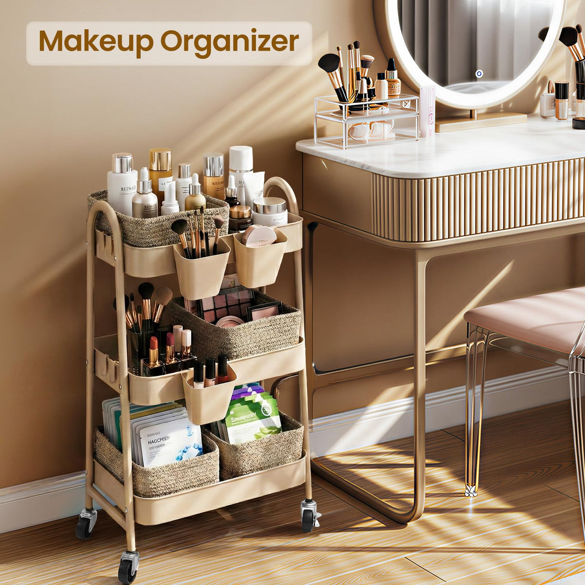 3-Tier Rolling Utility Cart with 4 Woven Baskets, Diaper Book Snack Cart, Storage Organizer for
