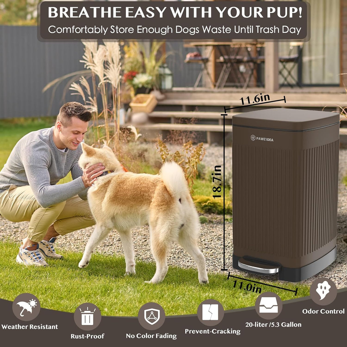 PAWZIDEA Dog Poop Trash Can Outside Odor Control, 5.3 Gallon Large Dog Waste Trash Can with Lid