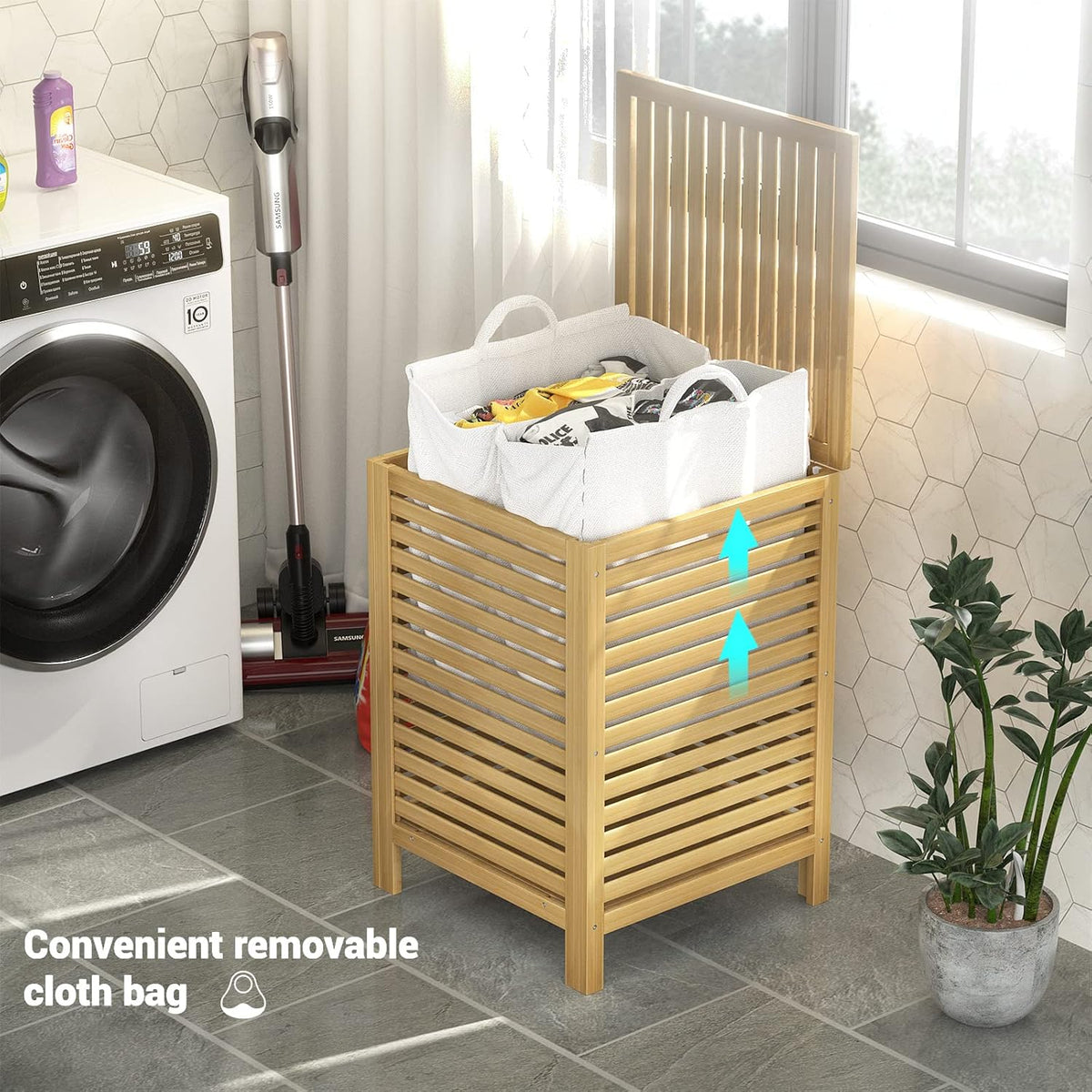 Homykic Bamboo Laundry Hamper with Lid, 120L Large Clothes Laundry Sorter with Removable 2-Section
