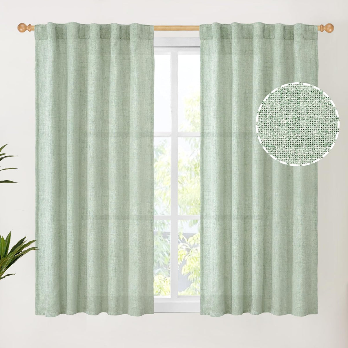 YoungsTex Sage Green Linen Semi Sheer Curtains 45 Inch Length for Kitchen Window, Light Filtering