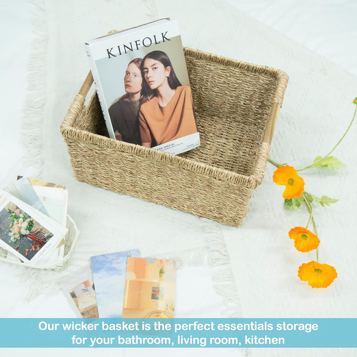 Large Wicker Storage Basket with Wooden Handles, Seagrass Basket for Shelves, Natural Wicker Bin