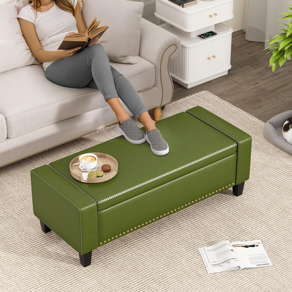 48.8" Storage Ottoman Bench Green | Faux Leather Bedroom Bench with Lift Top for Living Room & Bed