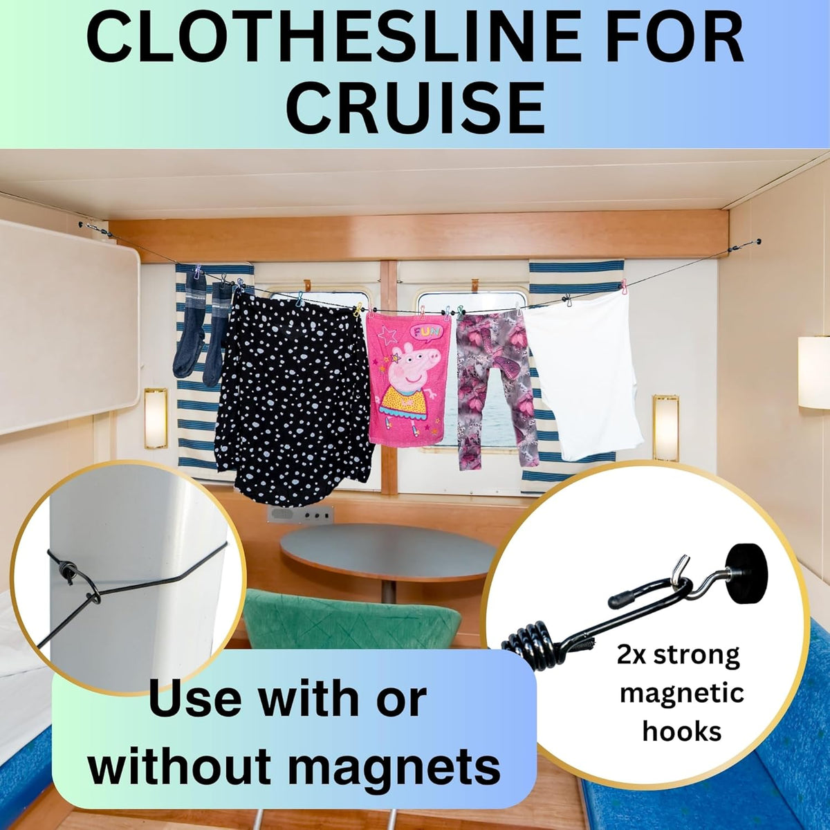 Magnetic Clothesline for Cruise Ship Cabin Approved - Strong Rubber Coated Non-Scratch Magnets