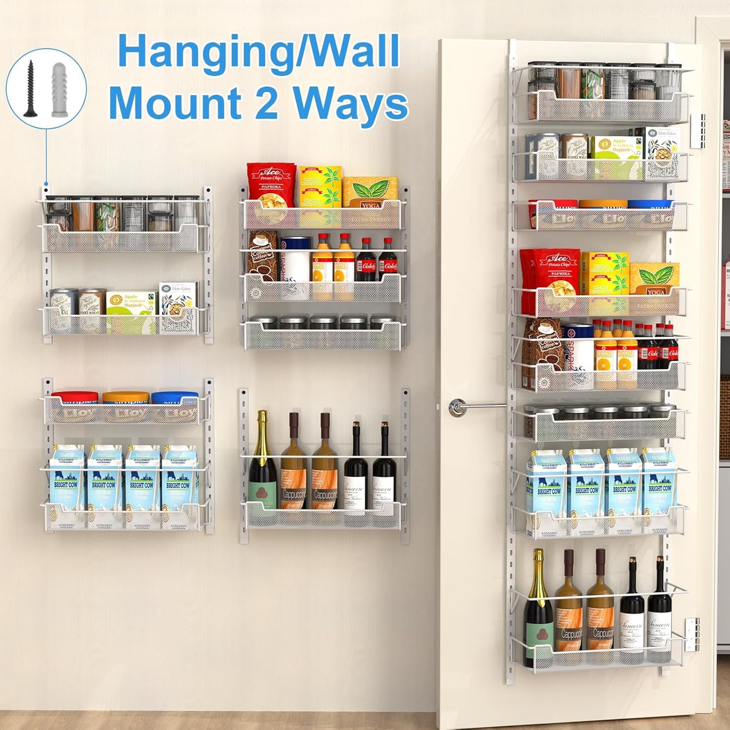 Over the Door Pantry Organizer, 8-Tier Over the Door Organizer with Adjustable Basket, Pantry Door