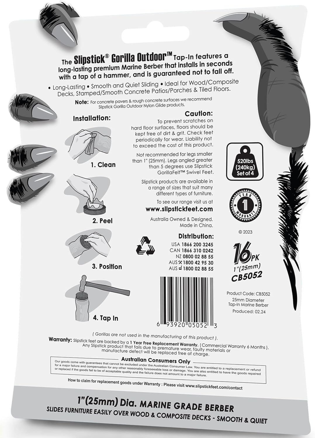 GorillaOutdoor 1 inch Round Furniture Feet Floor Protectors/Weatherproof Berber Glides for