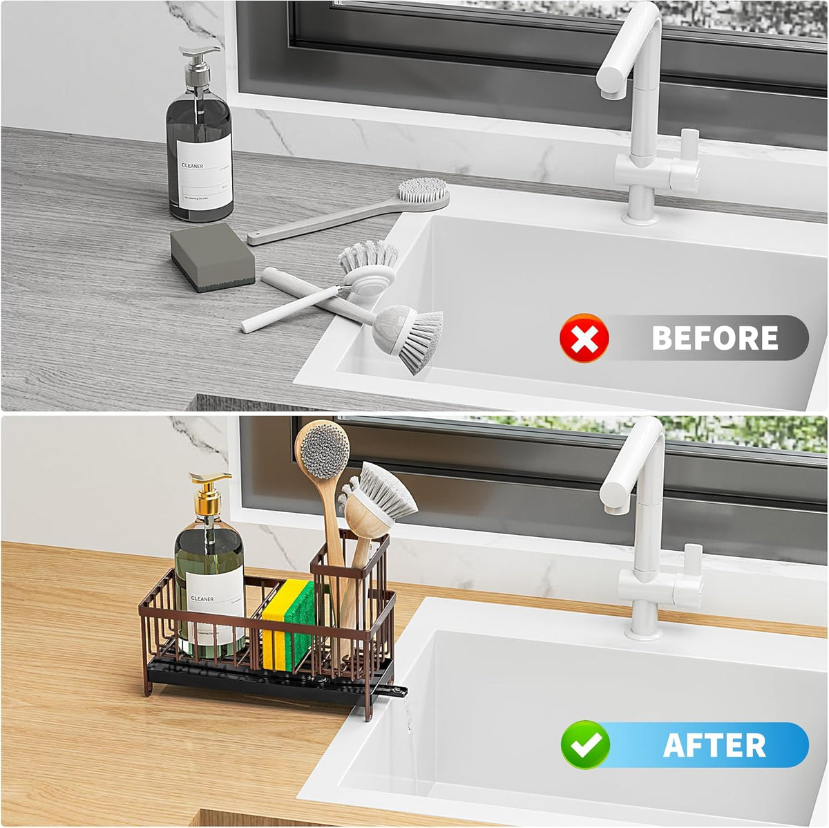 Cisily Brown Sponge Holder for Kitchen Sink, Sink Caddy Organizer with High Brush Holder, Kitchen