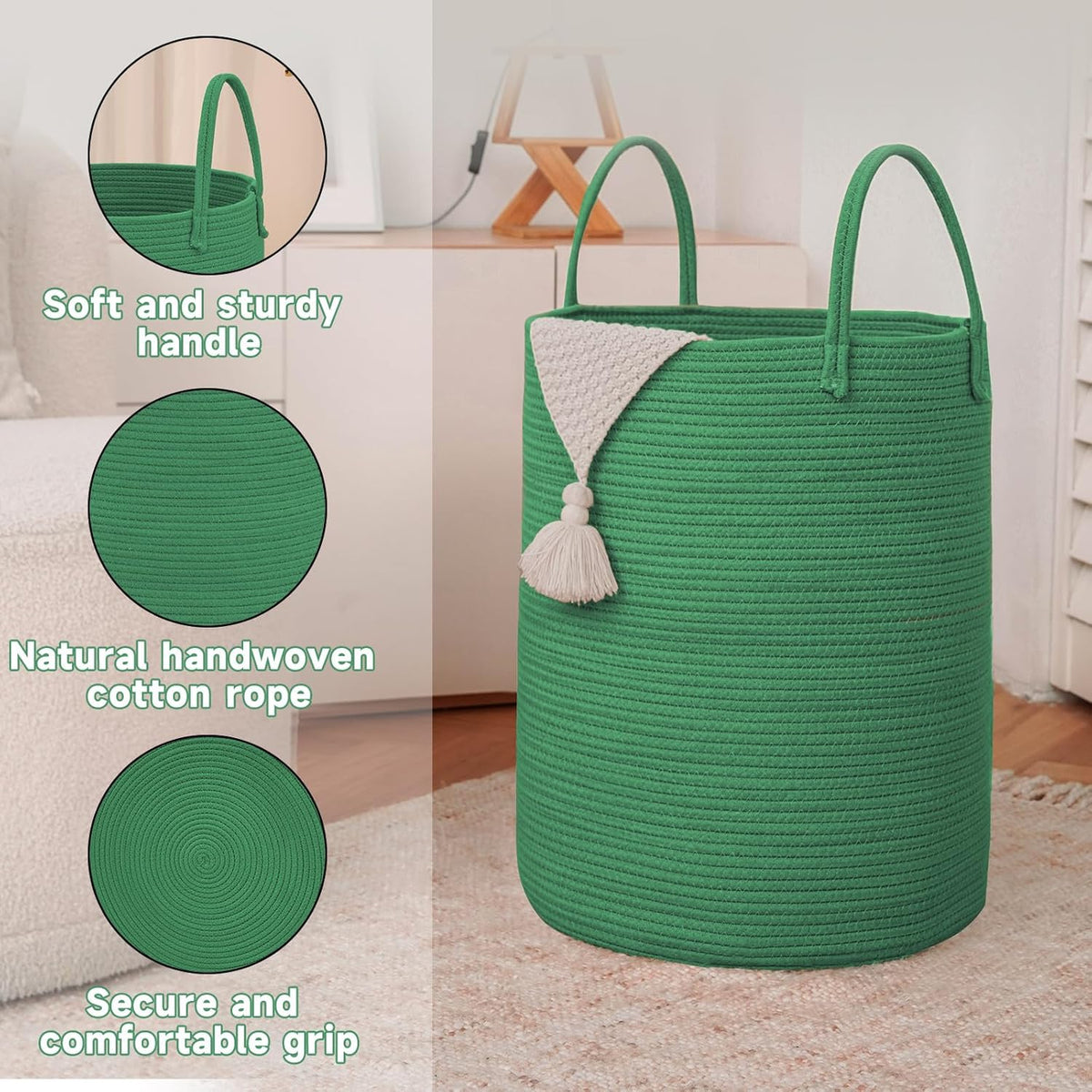Large Woven Laundry Basket Hamper,100L Cotton Rope Storage Bin for Blankets,Toys and