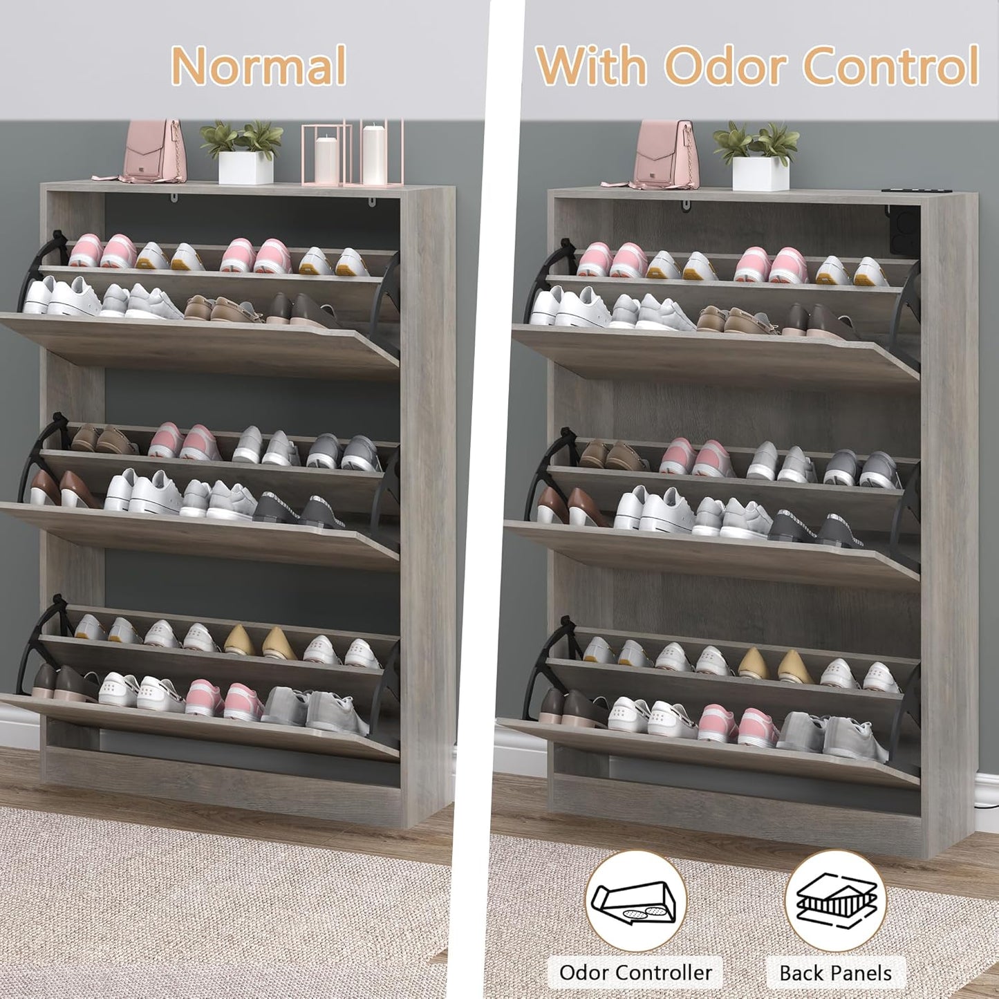 Shoe Cabinet with Odor Control and Back Panels, Deodorizing Slim 3-Flip Shoe Storage Cabinet for