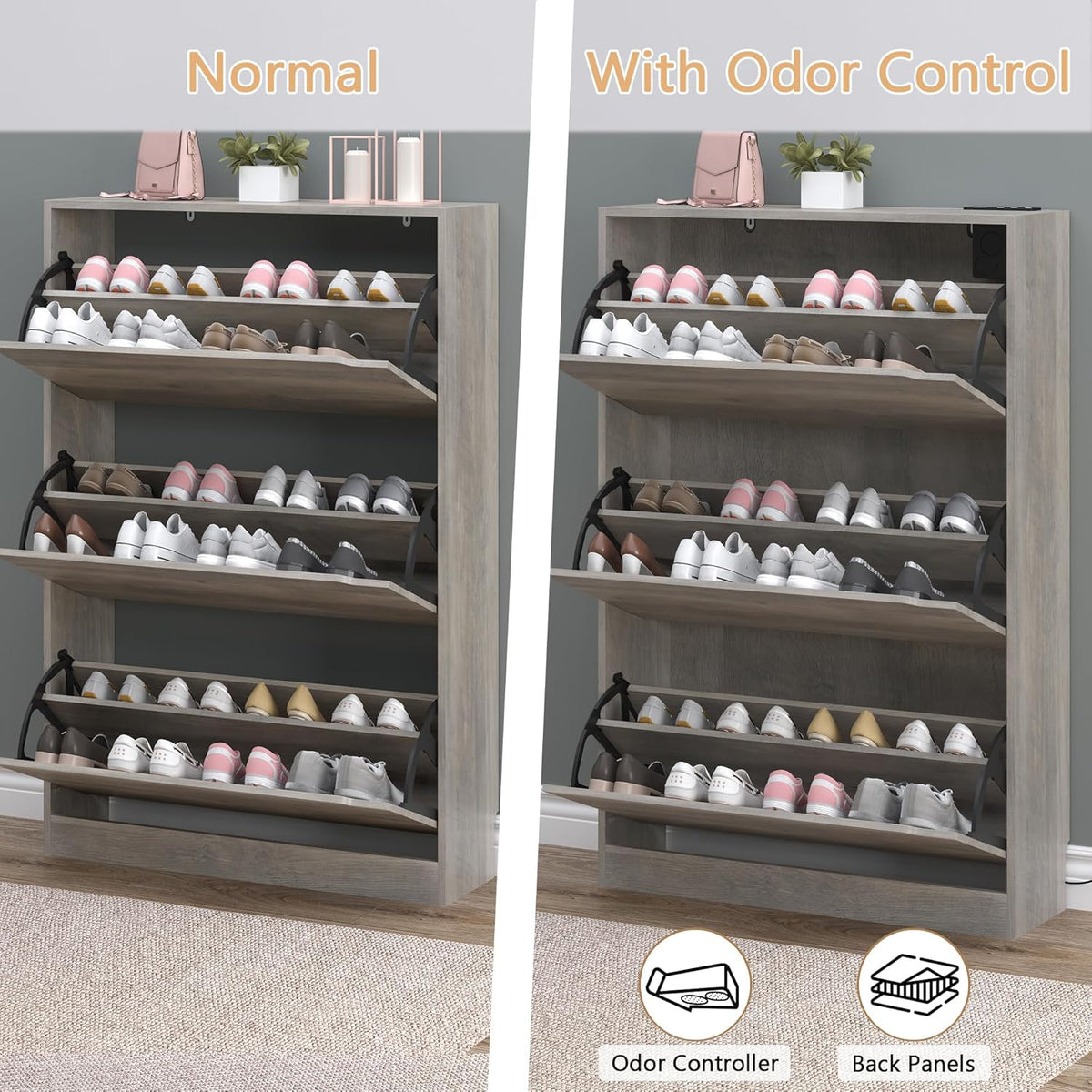 Shoe Cabinet with Odor Control and Back Panels, Deodorizing Slim 3-Flip Shoe Storage Cabinet for