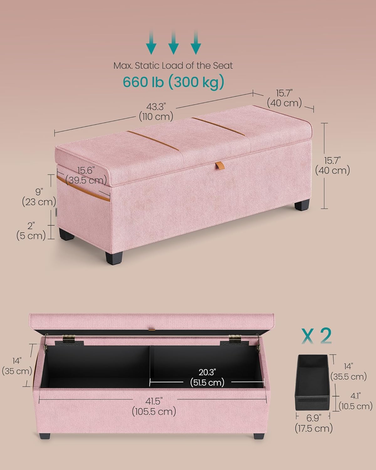 SONGMICS Storage Ottoman Bench, Storage Chest, 15.7 x 43.3 x 15.7 Inches, End of Bed Bench, 27 Gal.