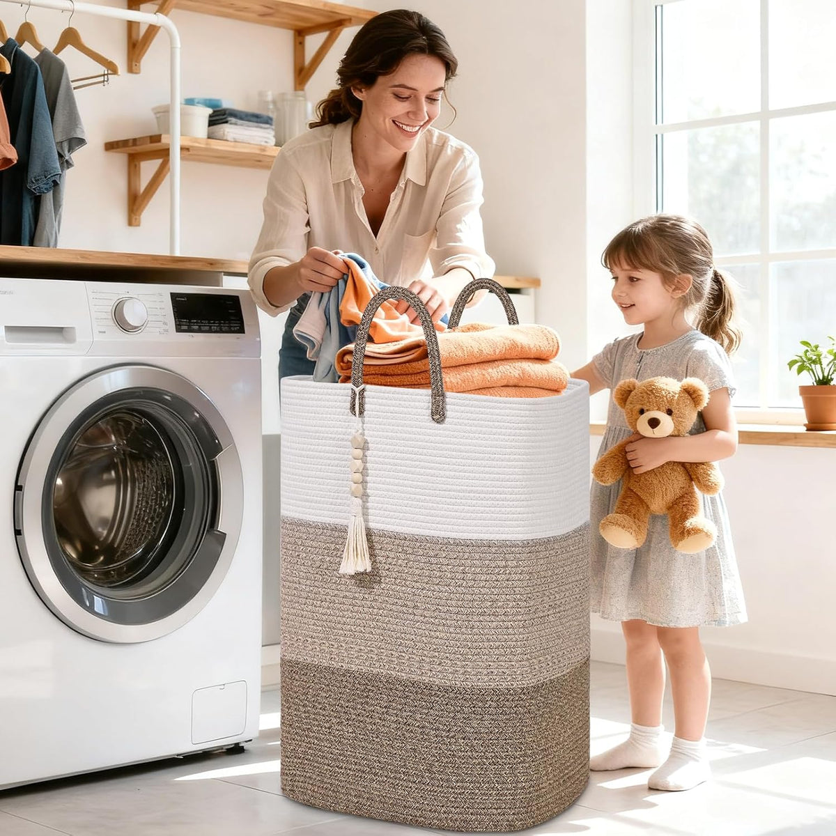 Woven Laundry Basket for Clothes,65 L Large Rectangle Laundry Hampers with Beads Tassel, Nursery