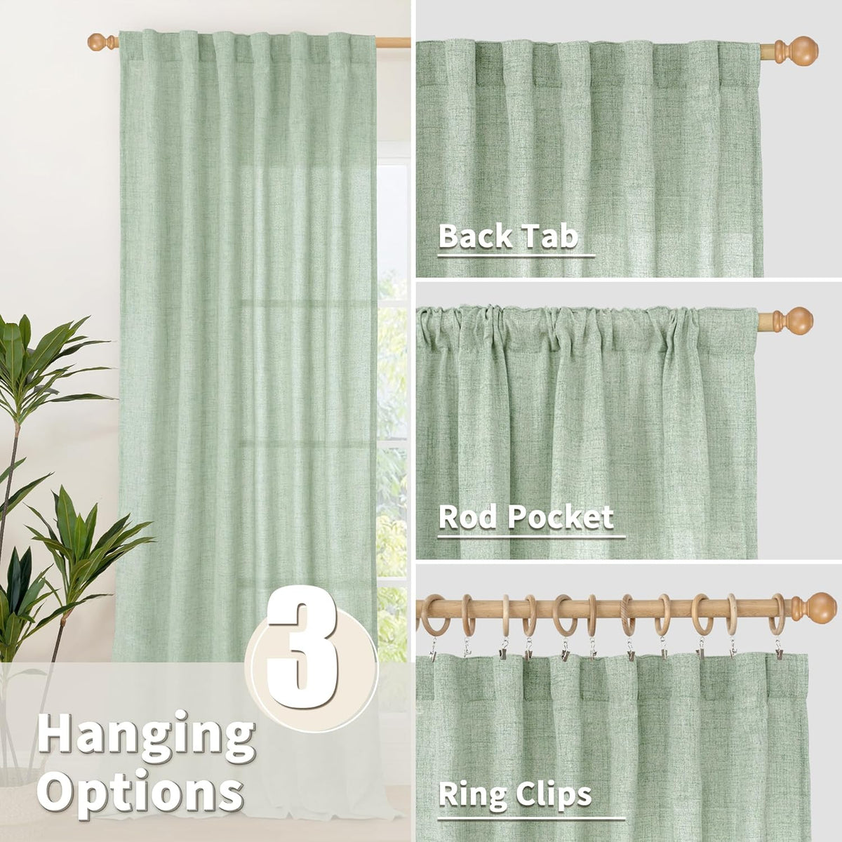 YoungsTex Sage Green Linen Curtains for Living Room 2 Panels, Semi Sheer Drapes Boho Light