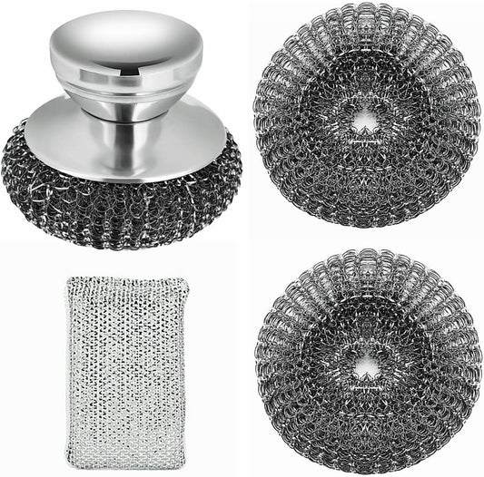 Stainless Steel Wool Scrubber with Short Handle Steel Scrubber Wool Pads for Cleaning Dishes Metal