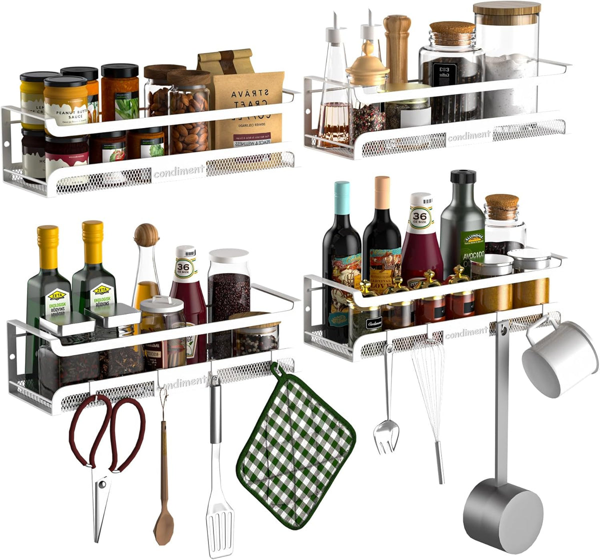 Spice Rack Wall Mount with Hooks - Spice Racks Organizer for Cabinet Storage, Wall Mounted Hanging