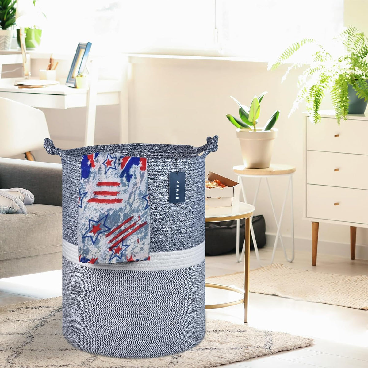 COMSE Extra Large Blanket Basket, Tall Woven Storage Basket, Nursery Hamper, 15.7”x 21.7”, Cotton