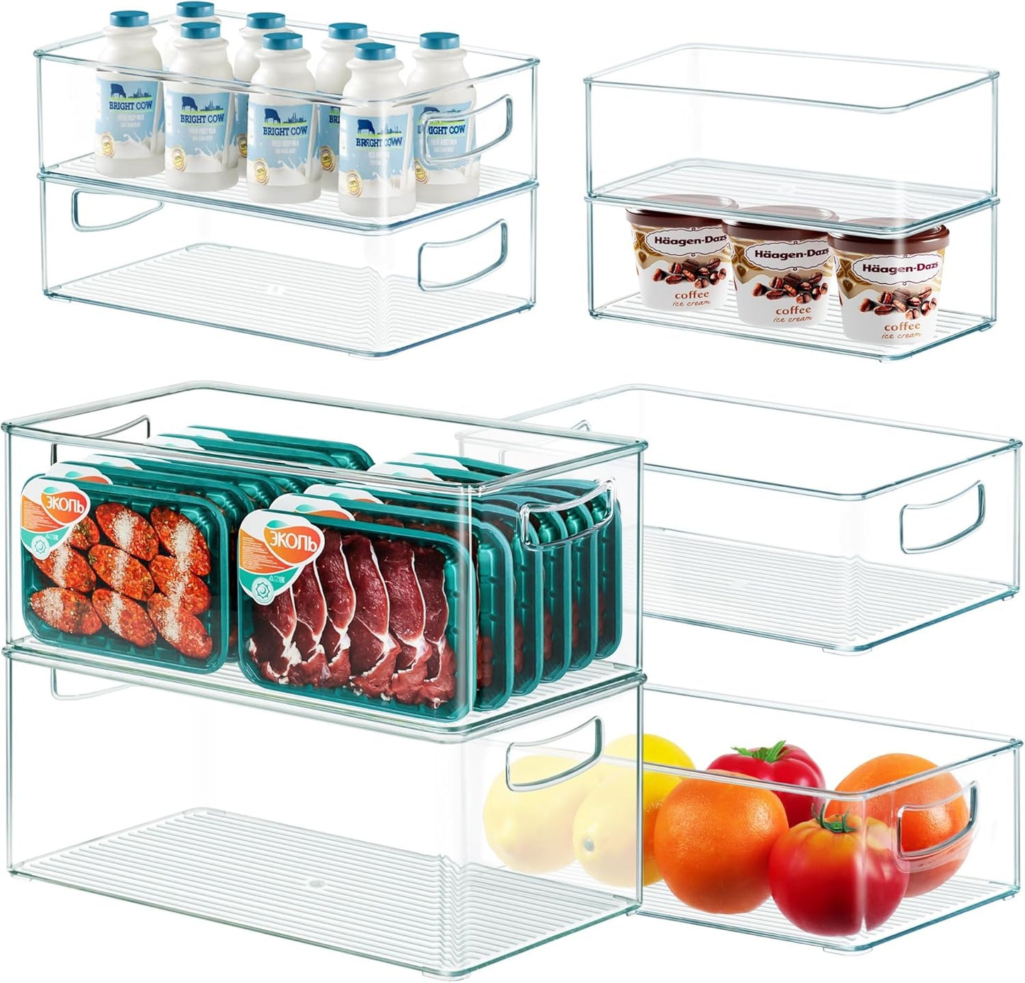8 PACK Freezer Organizer Bins Clear Stackable Storage Bins with Side Handles for Fridge