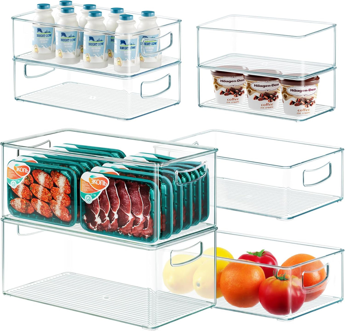 8 PACK Freezer Organizer Bins Clear Stackable Storage Bins with Side Handles for Fridge