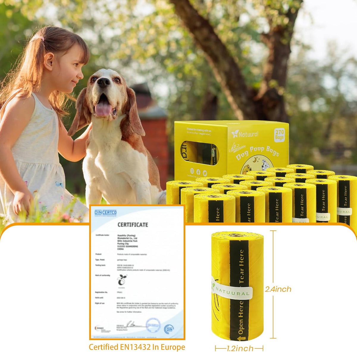 Certified Compostable Dog Poop Bags-270 Bags 18Rolls, Poop Bags for Dogs Made of Cornstarch - ASTM