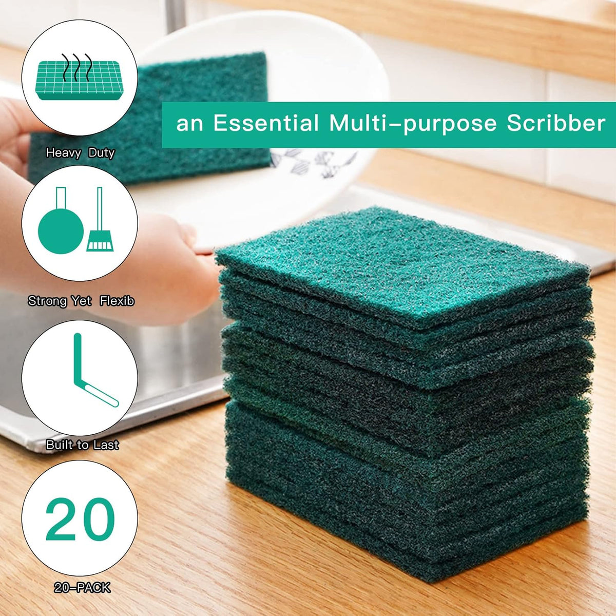 Heavy Duty Scour Pads Sponge Dish Scrubber Non-Scratch Green Reusable Household Scrub Pads for
