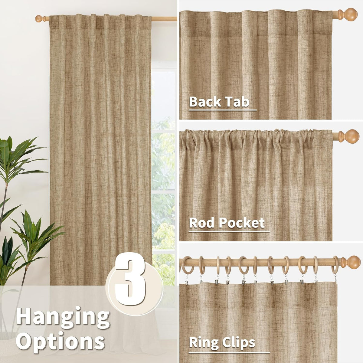 YoungsTex Burlap Linen Curtains 63 Inch Length for Living Room Window, Textured Semi Sheer Drapes