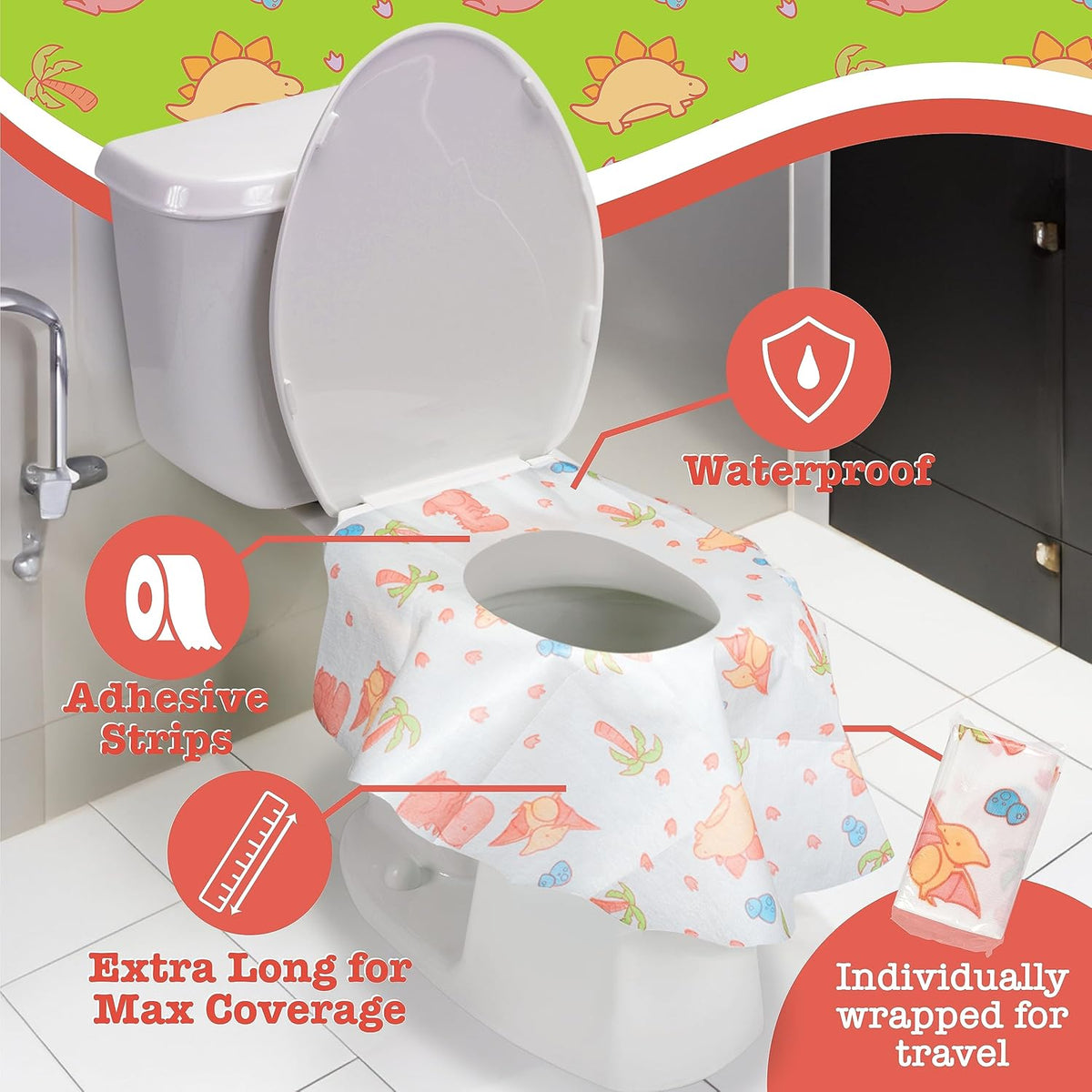 Toilet Seat Covers Disposable (20 pk, Dinosaurs) - XL Waterproof Toilet Cover for Toddlers, Kids &